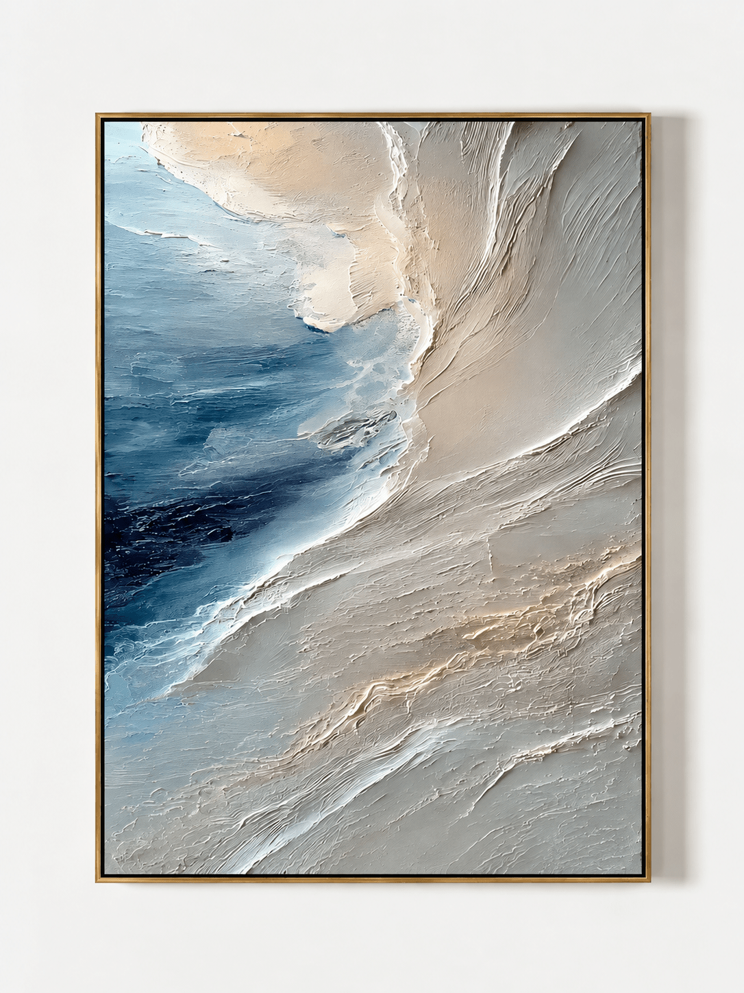 Hand-painted textured ocean wave painting in deep blue, ivory and stone gray by Leo Liang