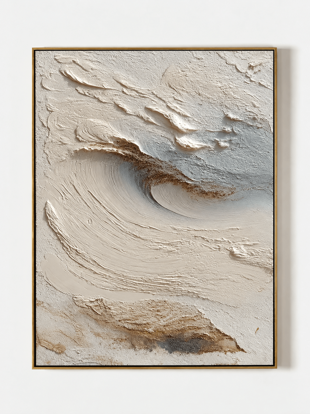 Hand-painted neutral textured abstract wave painting in ivory, cream and soft blue-gray by Leo Liang