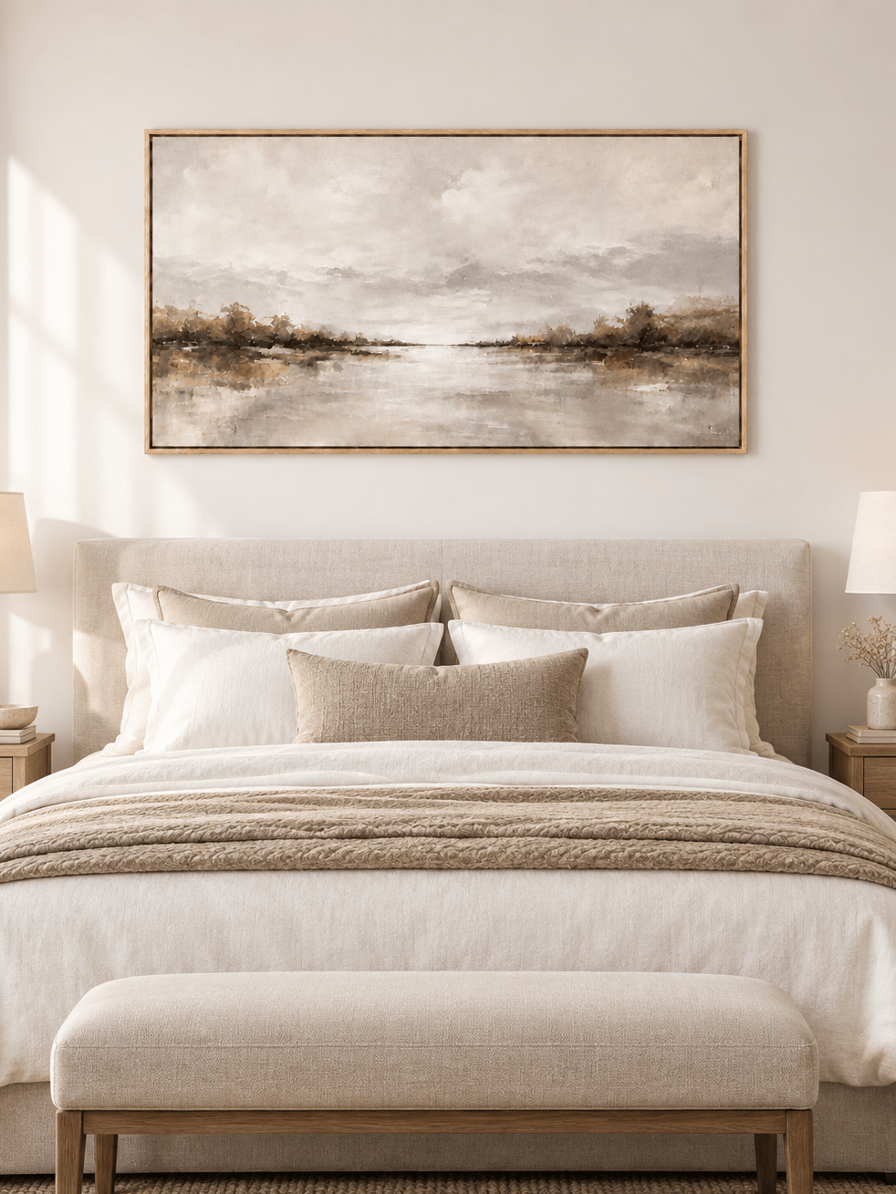 Peaceful misty lake painting displayed above a bed in a warm minimalist bedroom