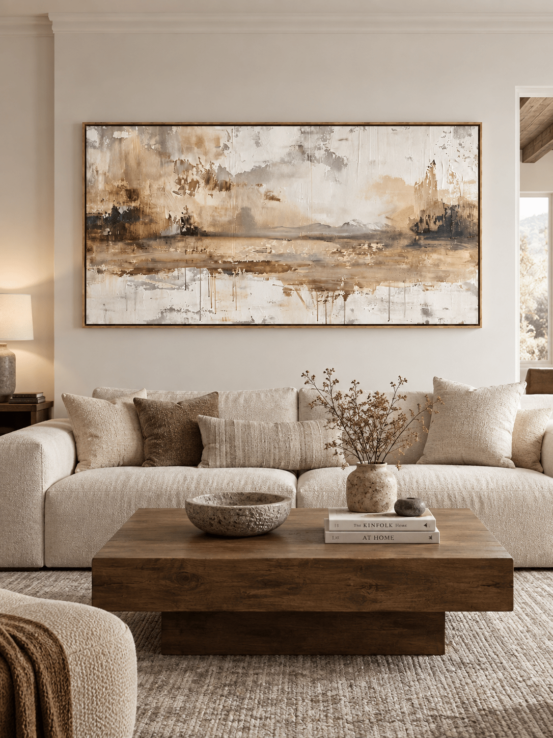 Large panoramic abstract waterscape wall art displayed above a sofa in a warm modern organic living room