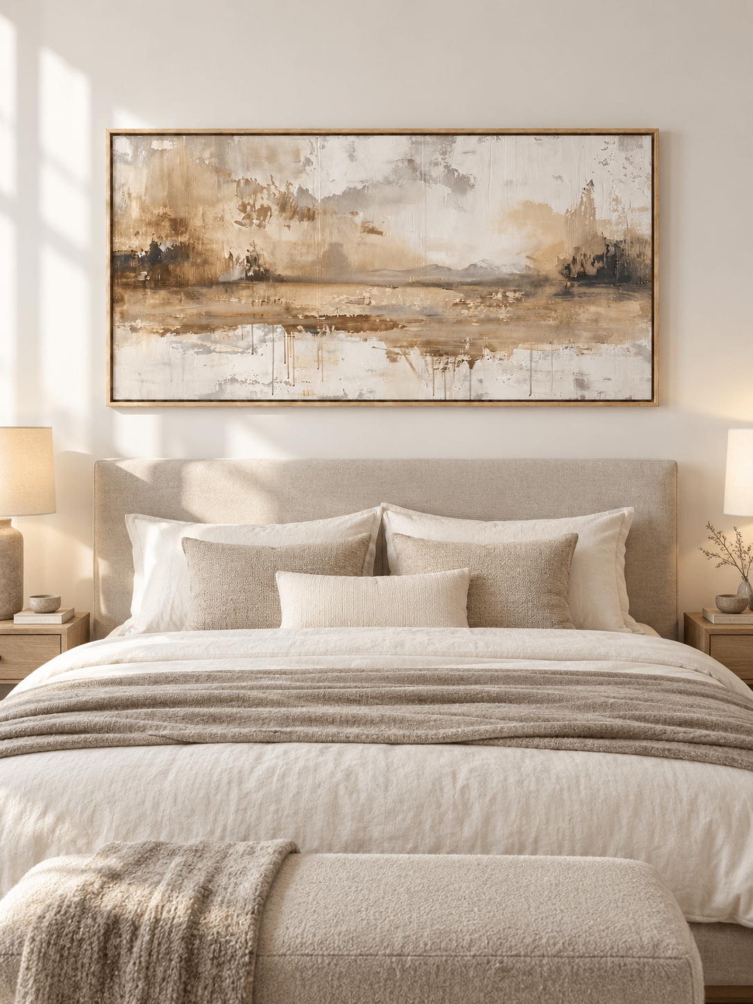Neutral abstract lake reflection painting displayed above a bed in a contemporary beige bedroom