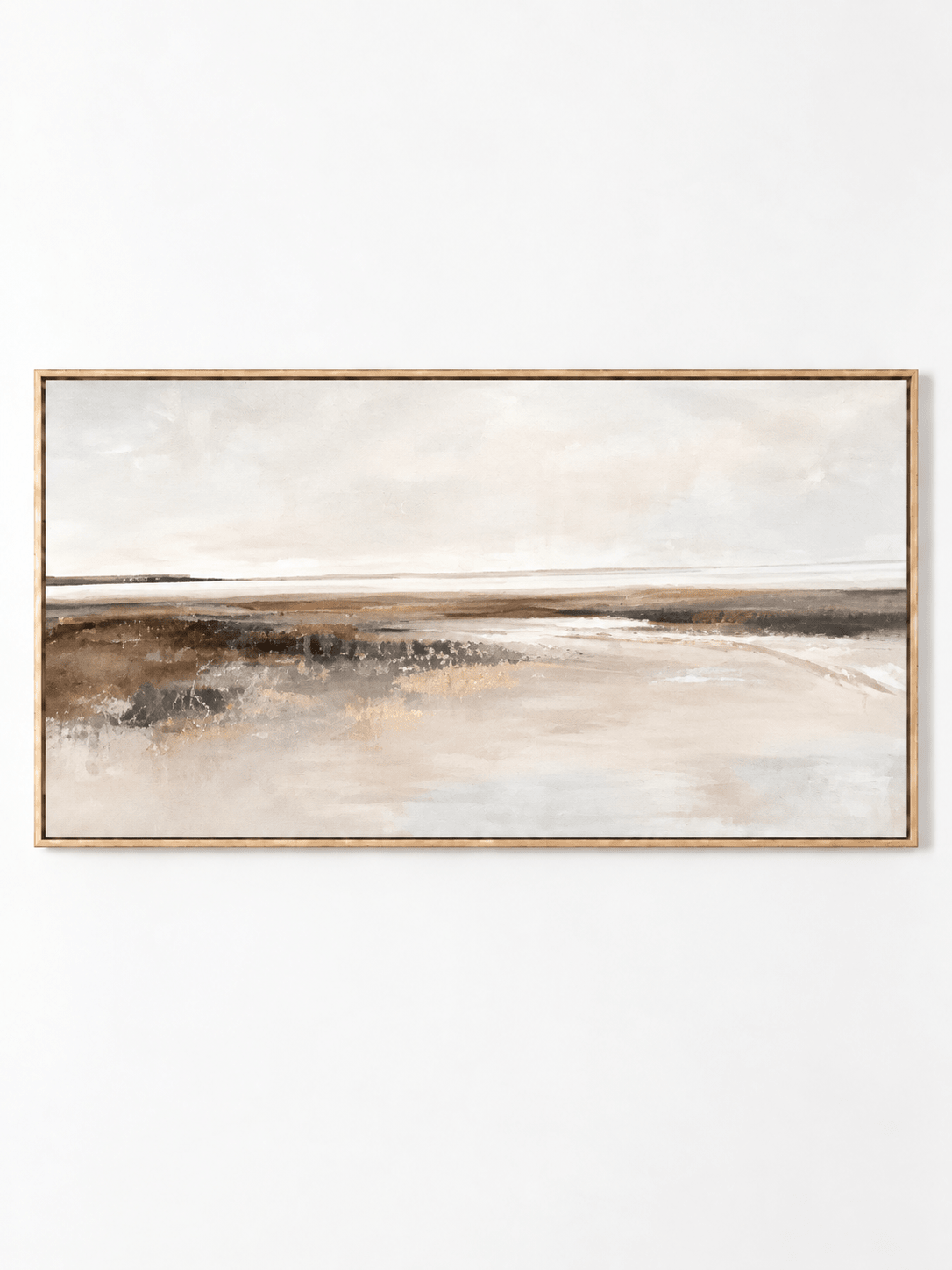 Hand-painted minimalist neutral coastal landscape painting in ivory, beige and taupe by Evelyn Li