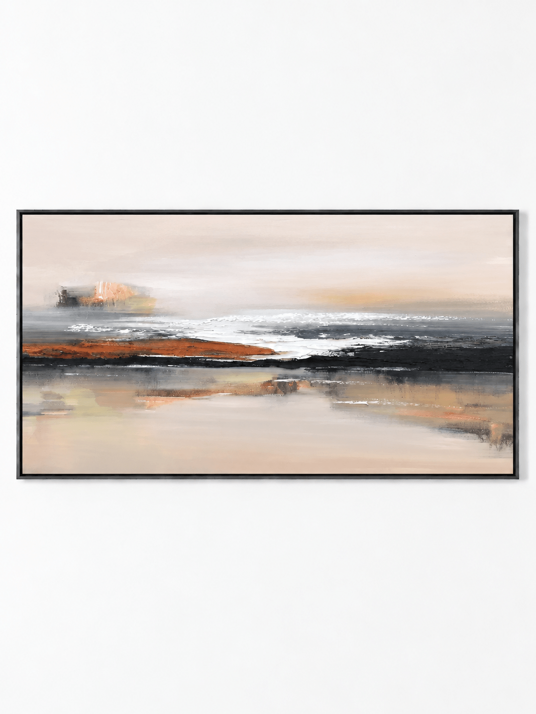 Hand-painted panoramic rust and charcoal abstract landscape in a slim black frame by Evelyn Li