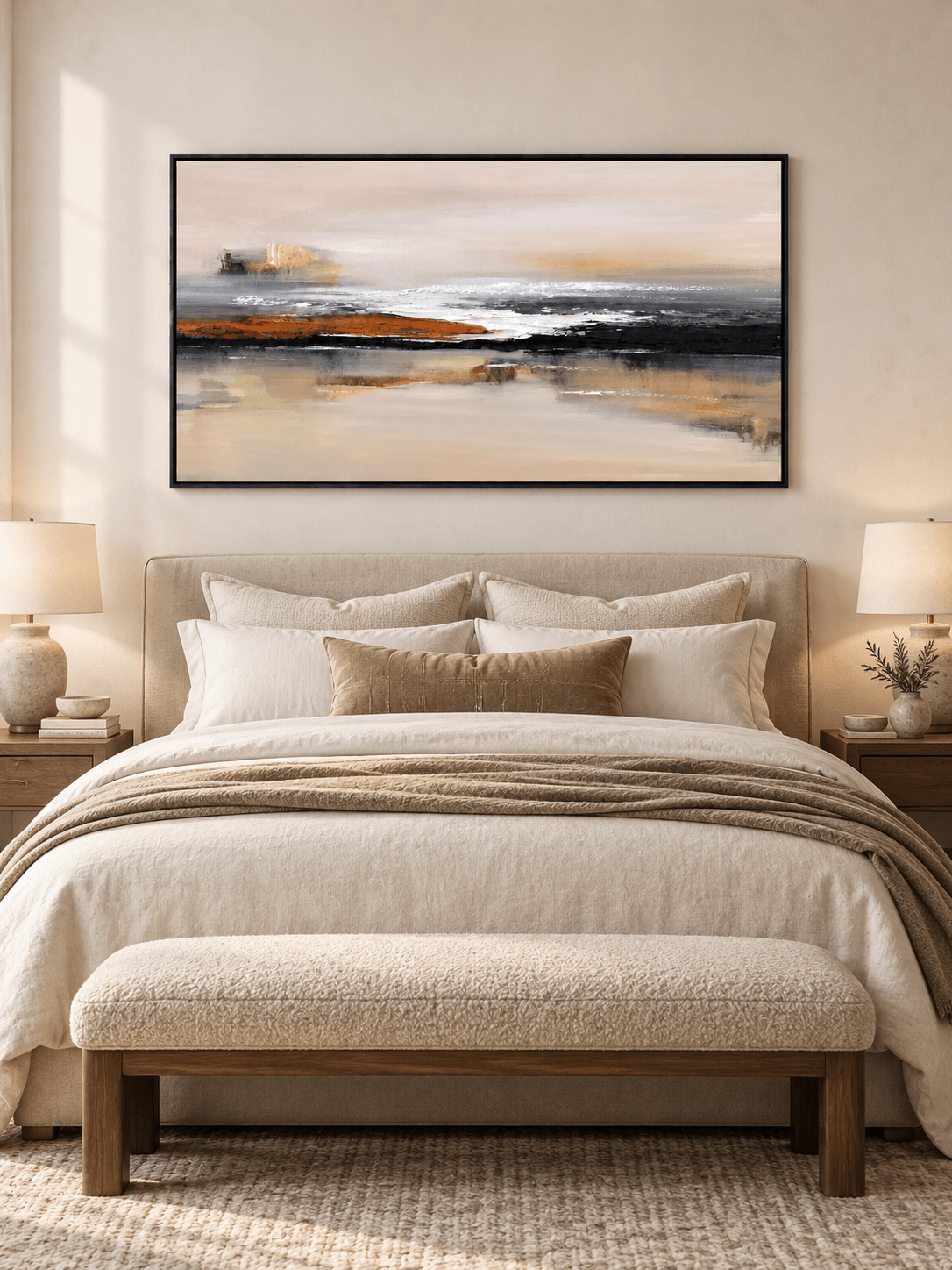 Warm neutral panoramic abstract painting with rust accents displayed above a bed in a modern bedroom