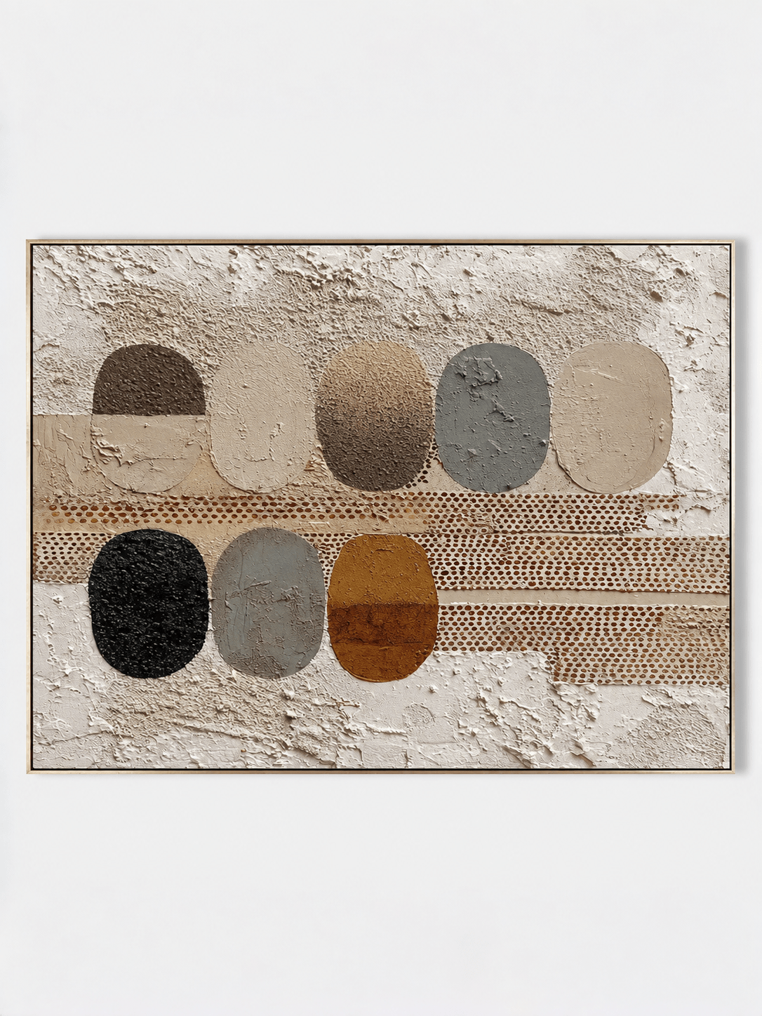 Hand-painted modern organic textured oval abstract painting in ivory, beige, ochre and charcoal by Eliot Vermeer