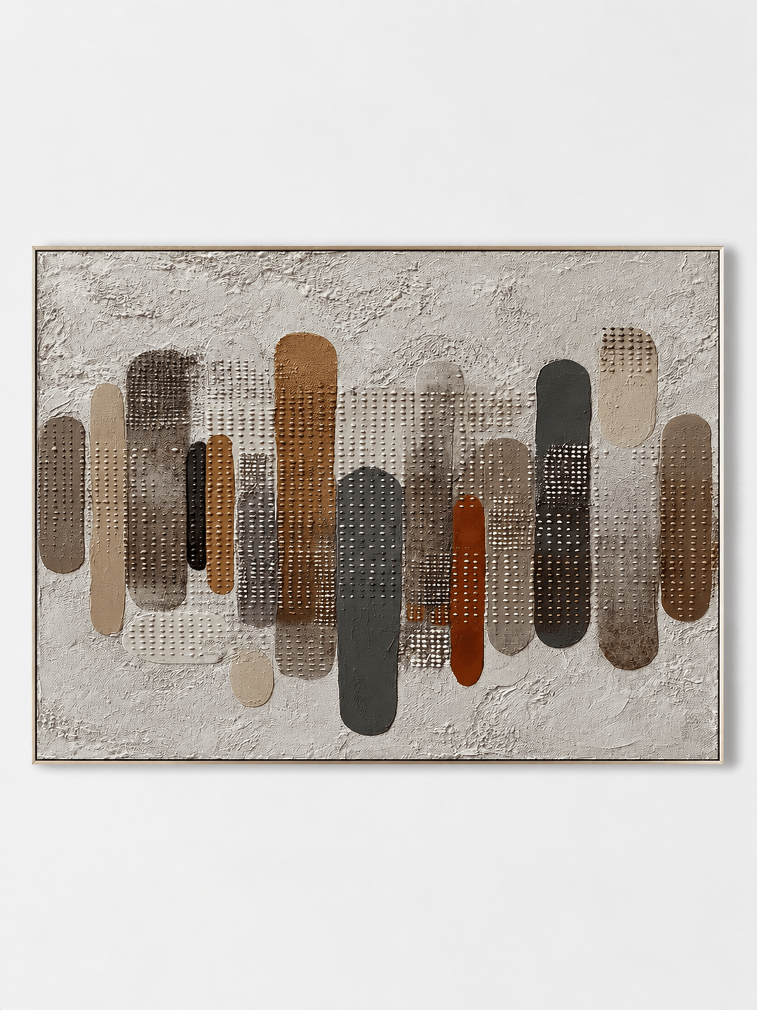 Hand-painted textured geometric abstract painting with earth-tone vertical forms and dotted details by Eliot Vermeer