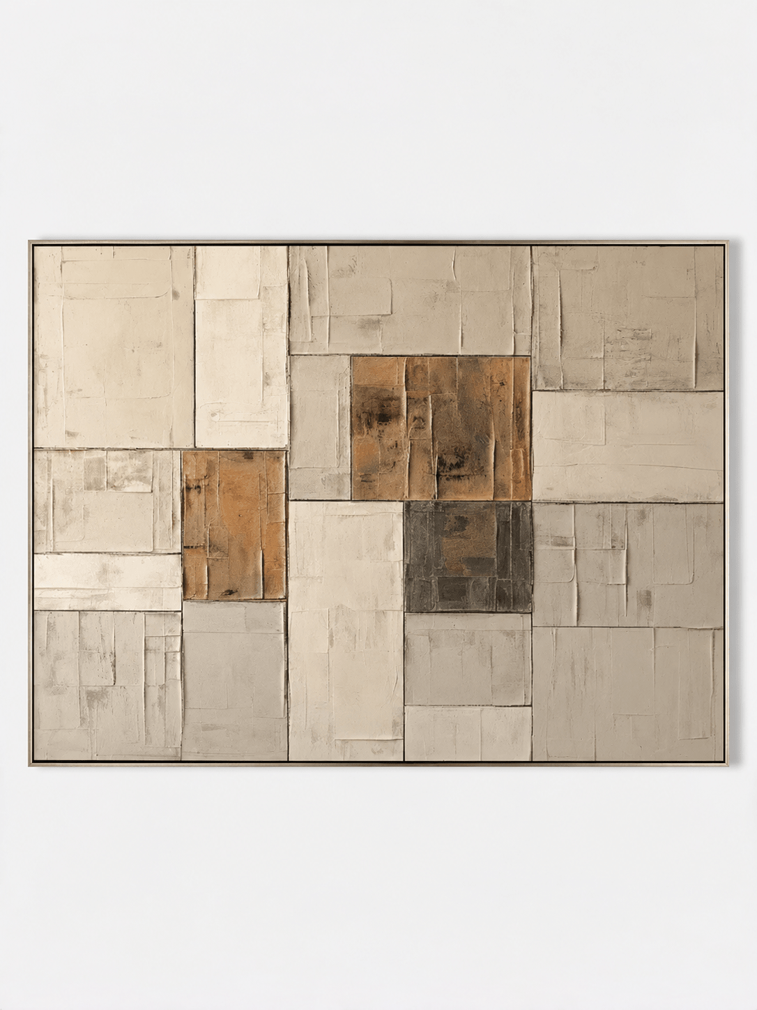 Hand-painted architectural textured block painting in ivory, beige and warm brown by Eliot Vermeer