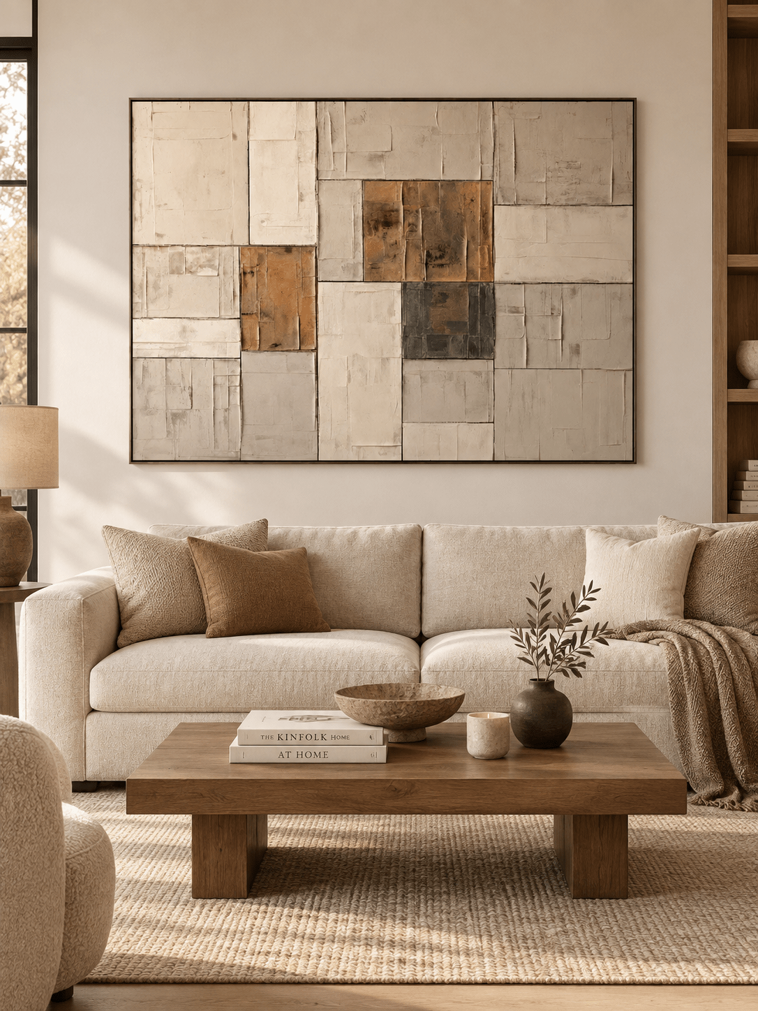 Large neutral textured geometric abstract painting displayed above a sofa in a modern organic living room