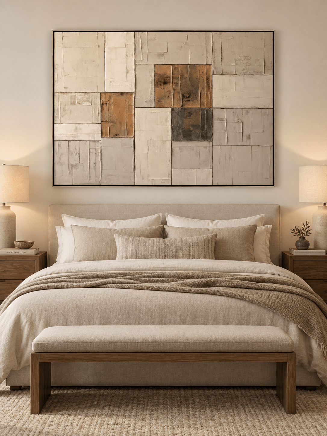 Beige and brown architectural abstract wall art displayed above a bed in a minimalist bedroom