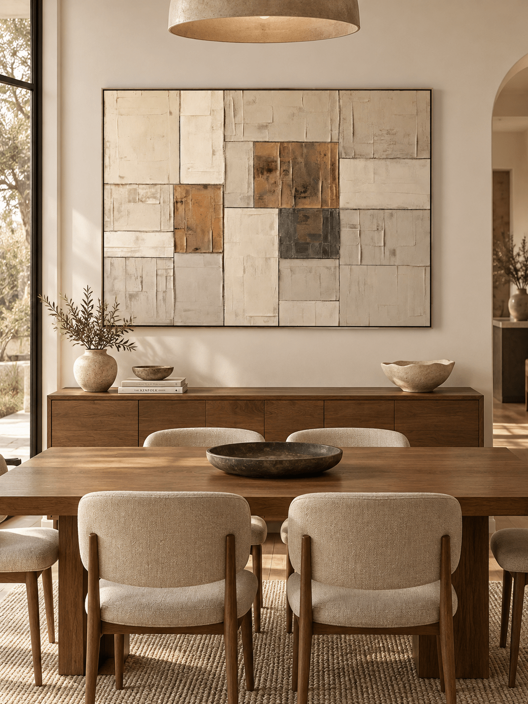 Hand-painted geometric block painting displayed above a sideboard in a contemporary open-plan dining room