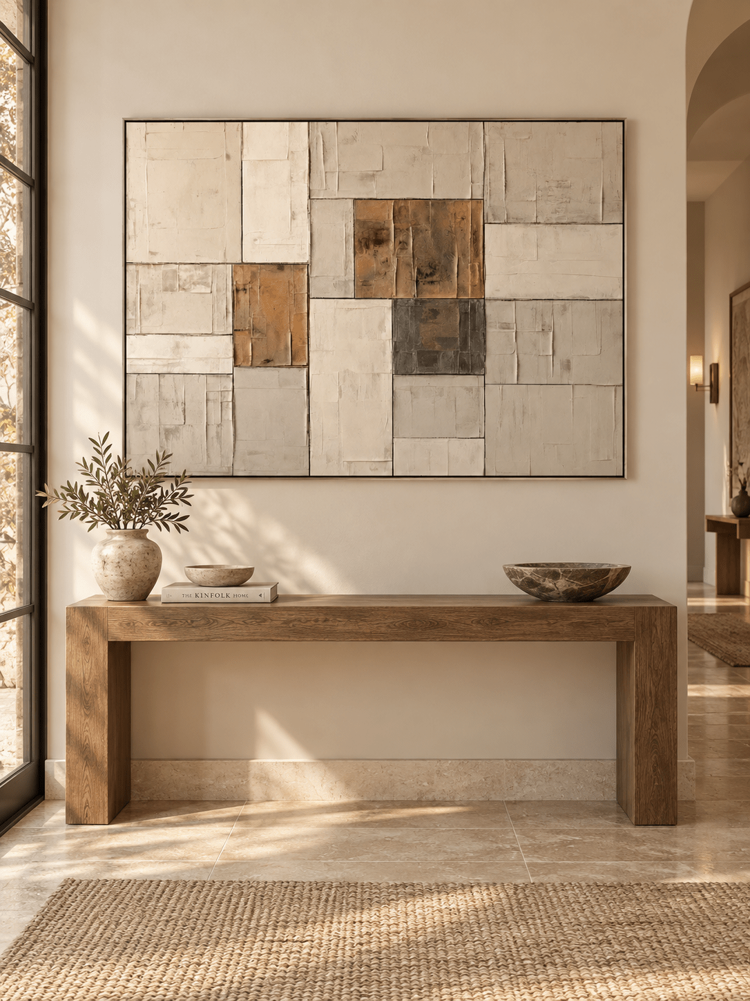 Horizontal neutral textured abstract painting displayed above a console in a modern minimalist entryway
