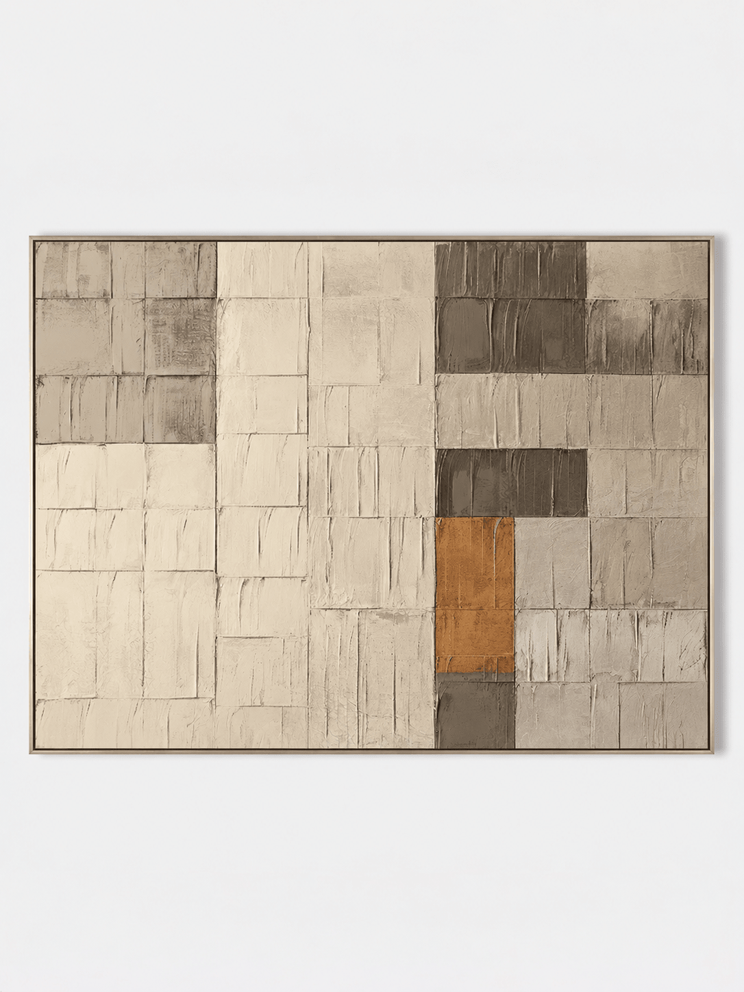 Hand-painted minimalist greige color block abstract painting in ivory, taupe and charcoal by Eliot Vermeer
