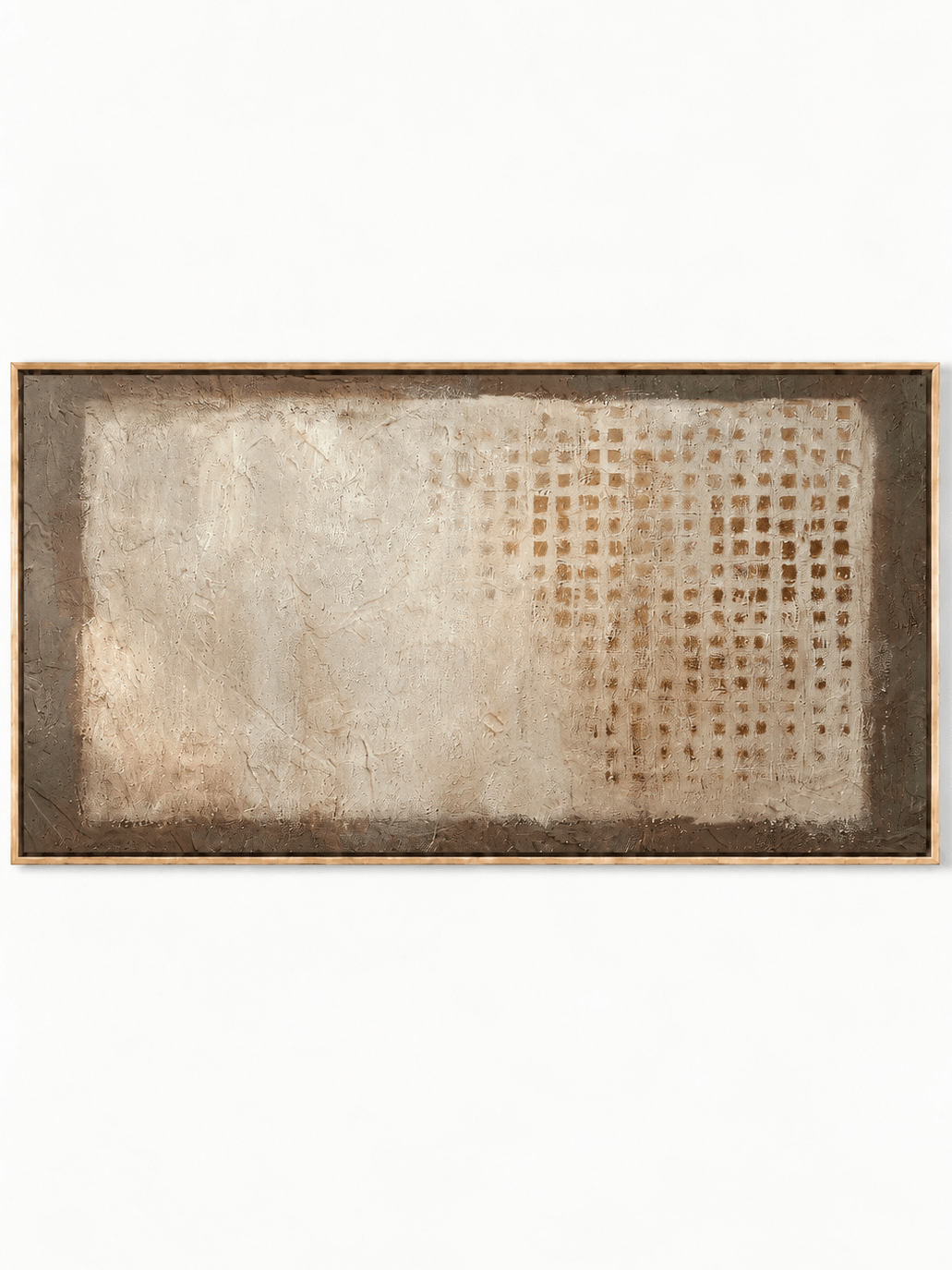 Hand-painted Wabi Sabi textured abstract painting with a faded brown grid on an ivory background by Eliot Vermeer