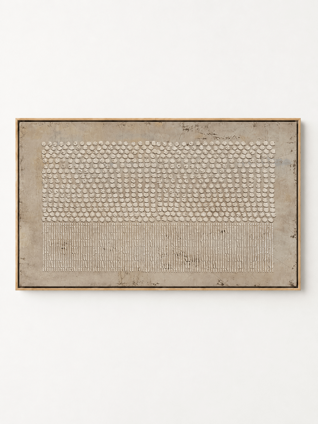 Hand-painted minimalist textured dot and line abstract painting in ivory and warm greige by Eliot Vermeer