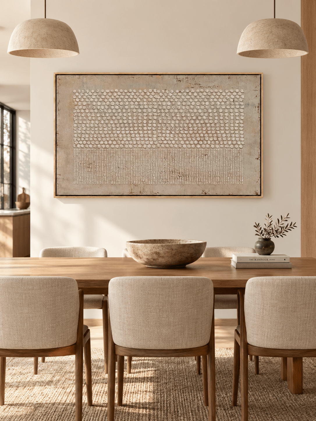 Hand-painted geometric textured wall art with ivory dots and vertical lines displayed in an open-plan dining room
