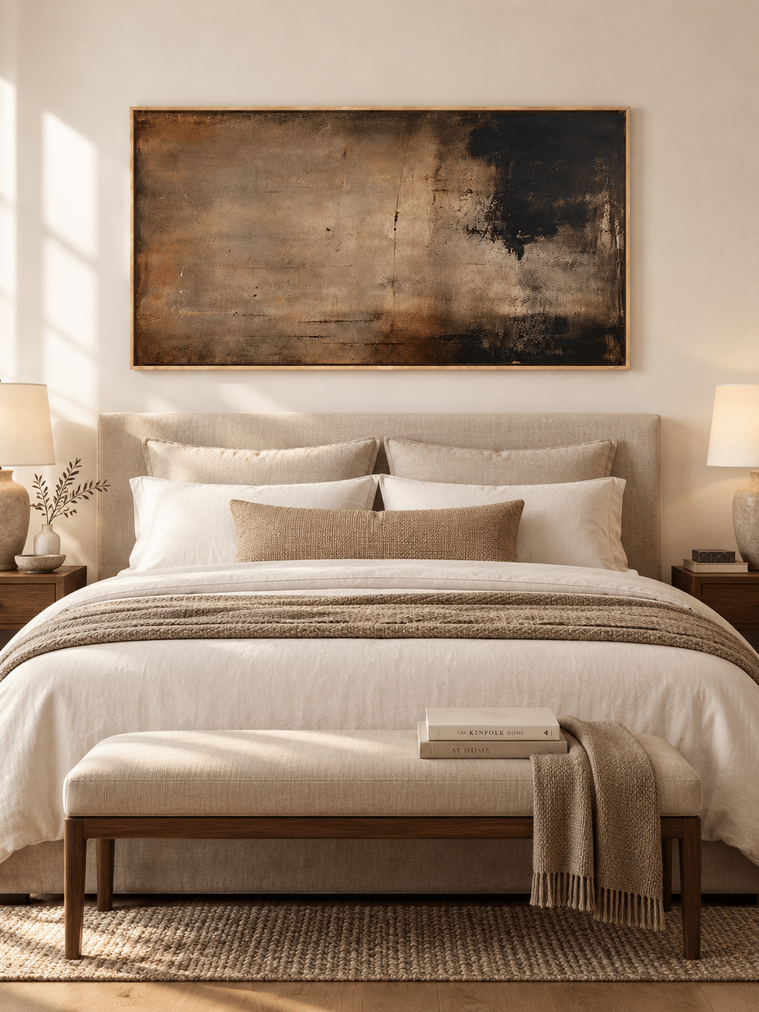 Moody earth tone abstract painting displayed above a bed in a warm neutral modern bedroom