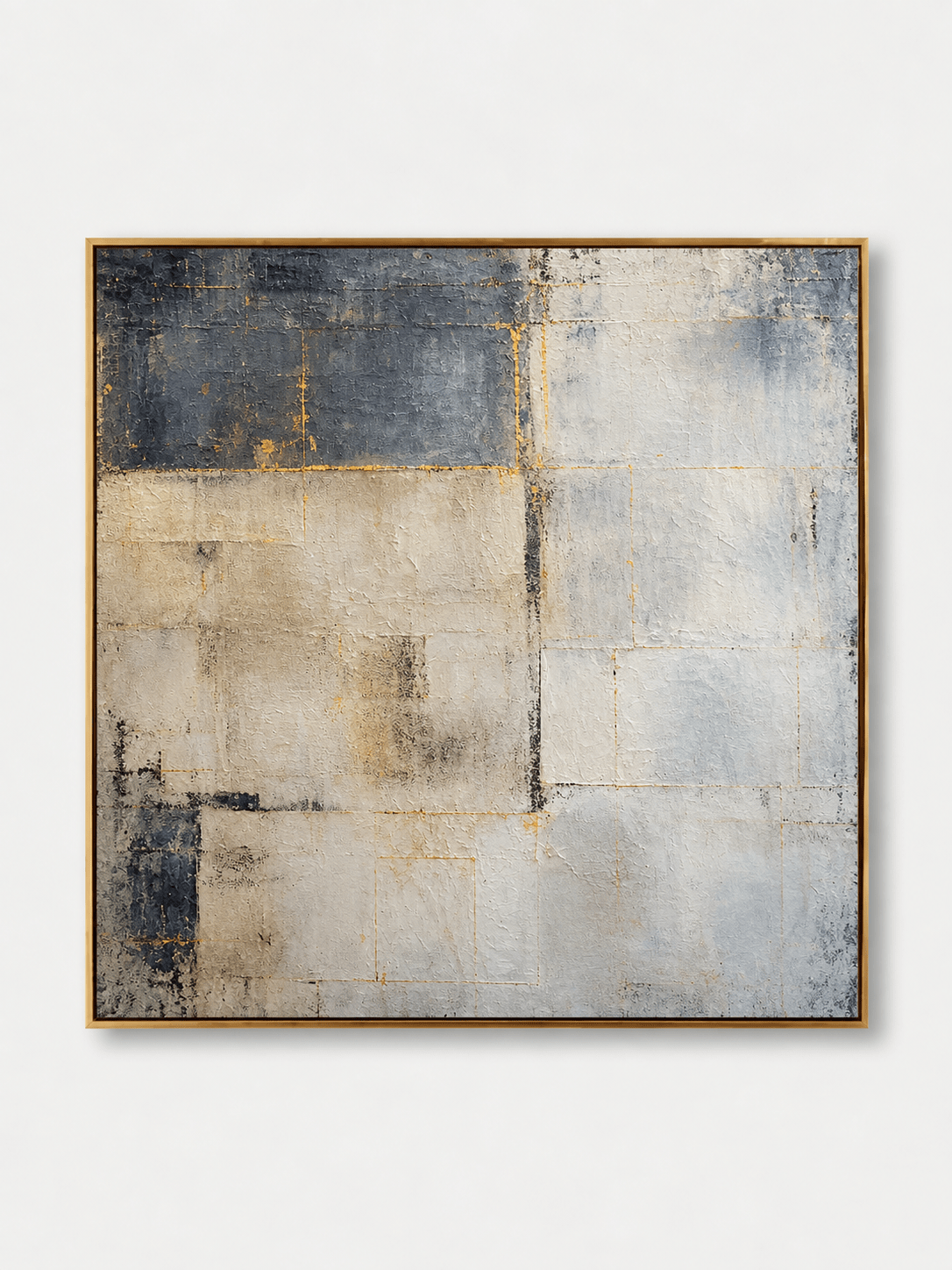 Hand-painted blue gray textured geometric abstract painting with ivory color blocks and golden-brown accents by Akari Kobayashi