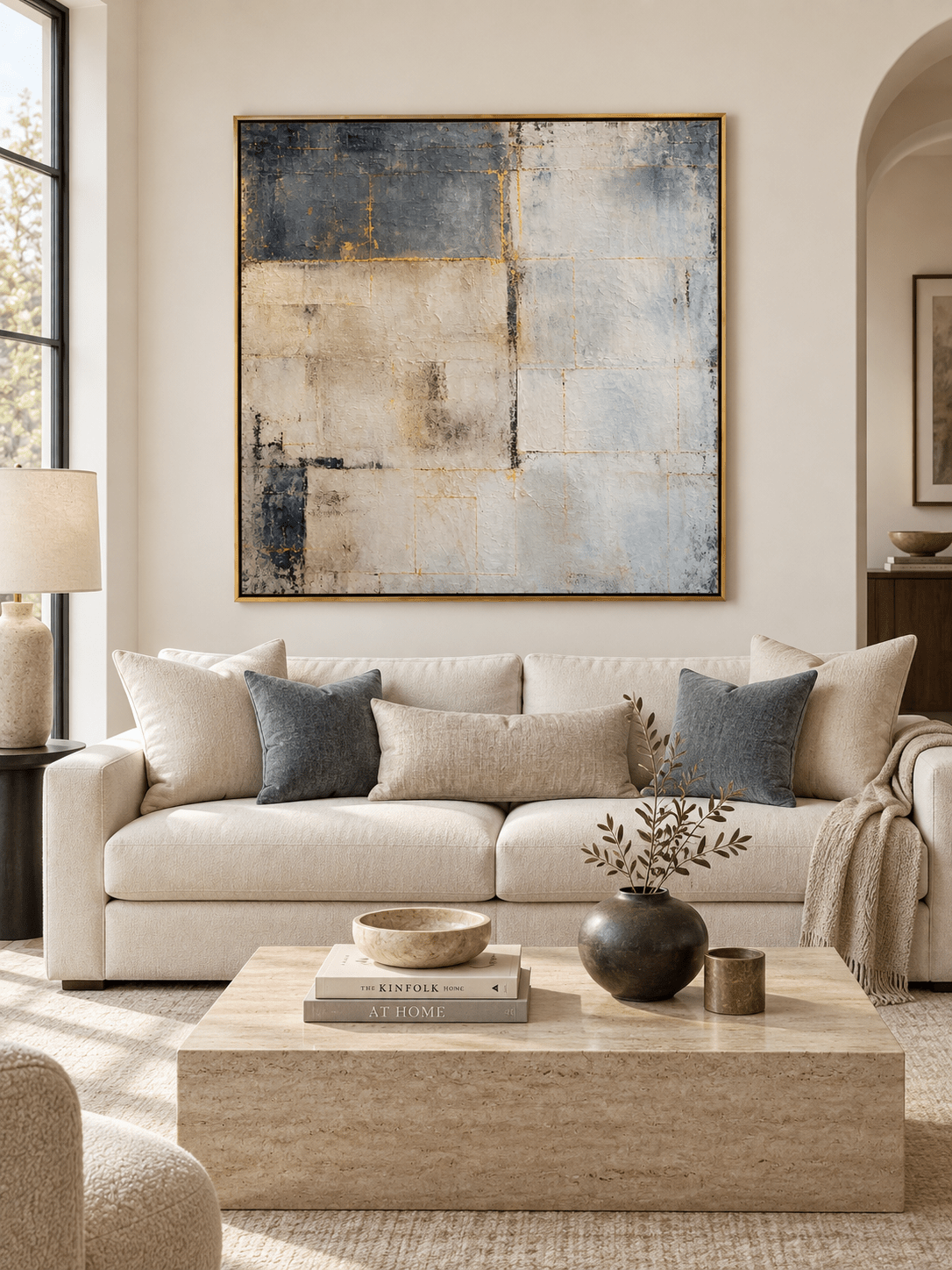 Large blue gray geometric abstract painting displayed above a cream sofa in a contemporary living room
