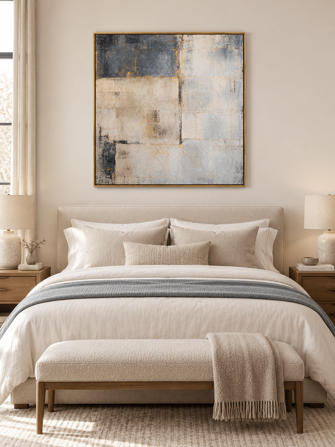 Neutral textured color block painting in slate blue and ivory displayed above a bed in a modern bedroom