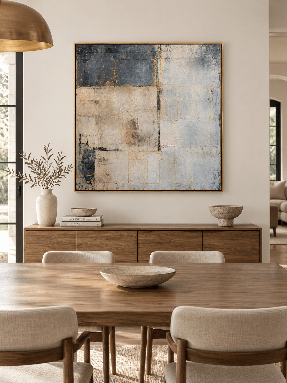 Hand-painted blue gray and beige geometric wall art displayed above a sideboard in an open-plan dining room