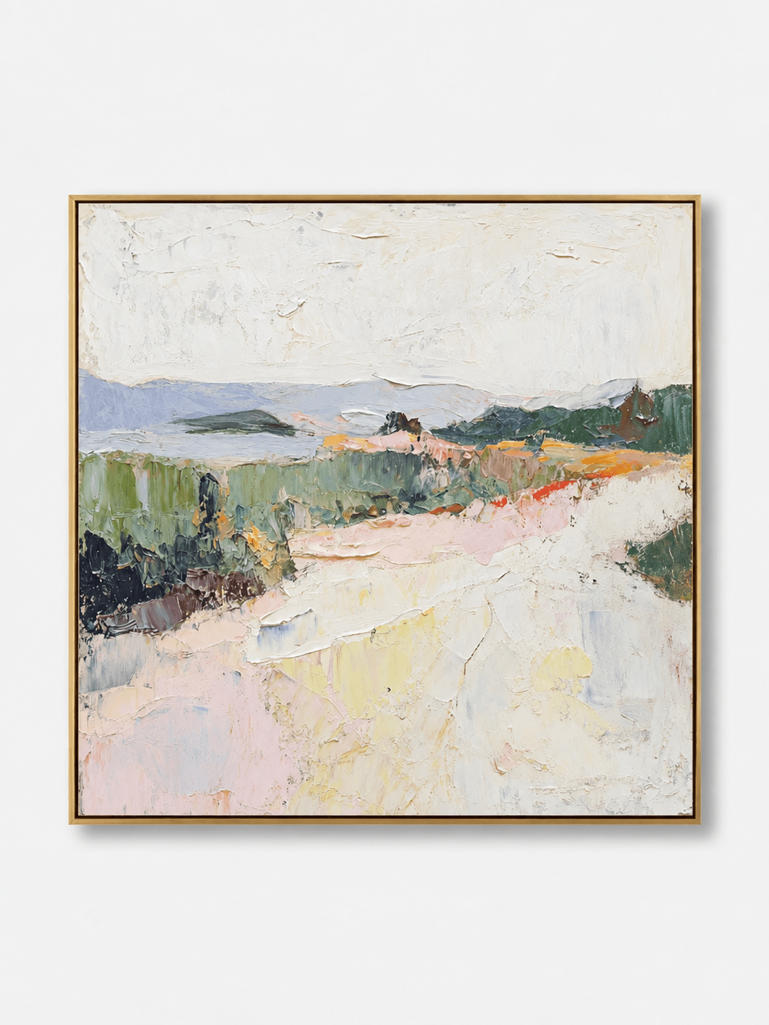 Hand-painted pastel meadow landscape with lavender hills, sage green fields and pink impasto texture by Evelyn Li