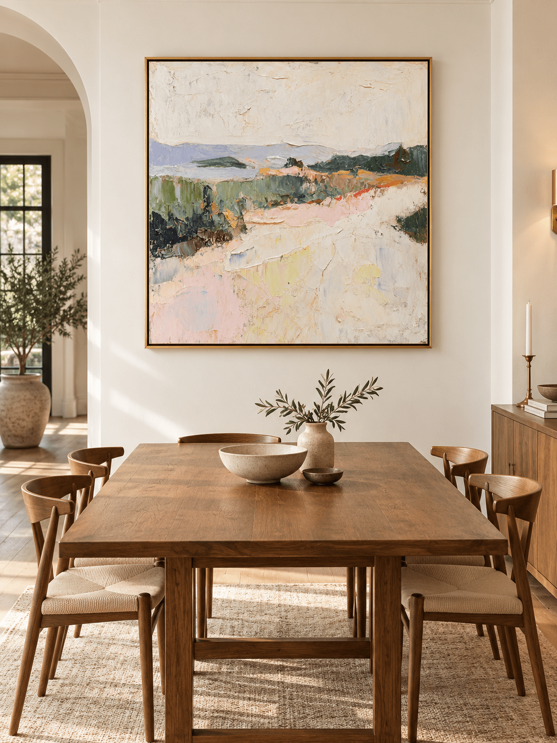 Hand-painted textured countryside landscape in pastel colors displayed in a modern open-plan dining room