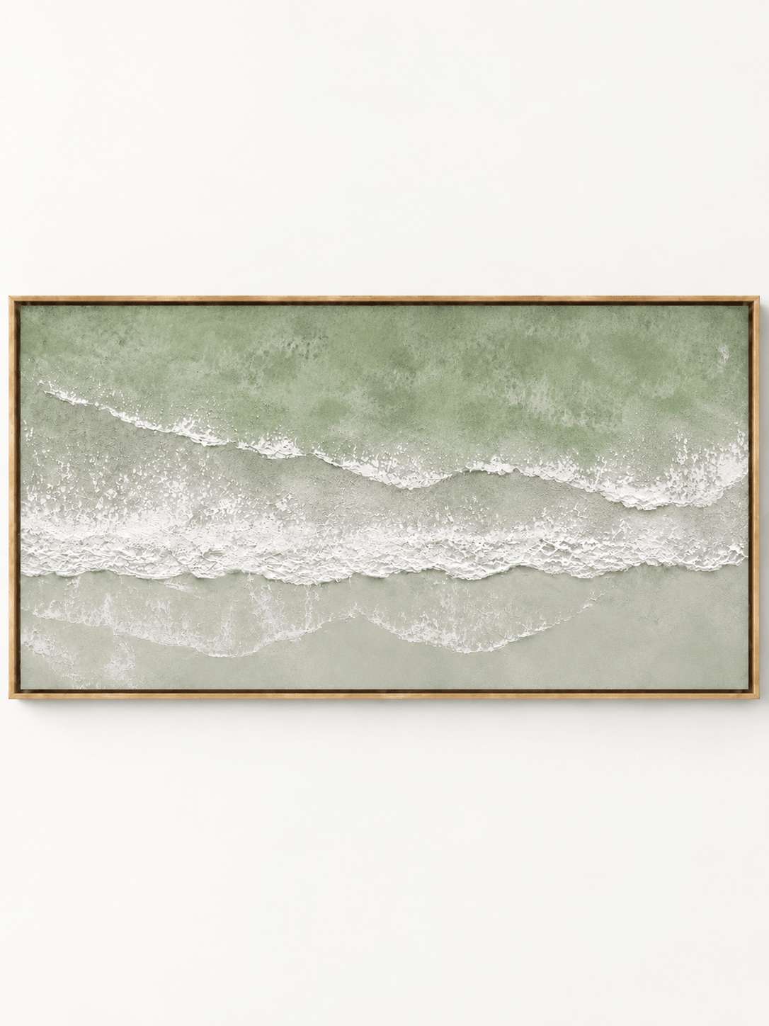 Hand-painted sage green ocean wave painting with layered white seafoam and textured coastal details by Leo Liang