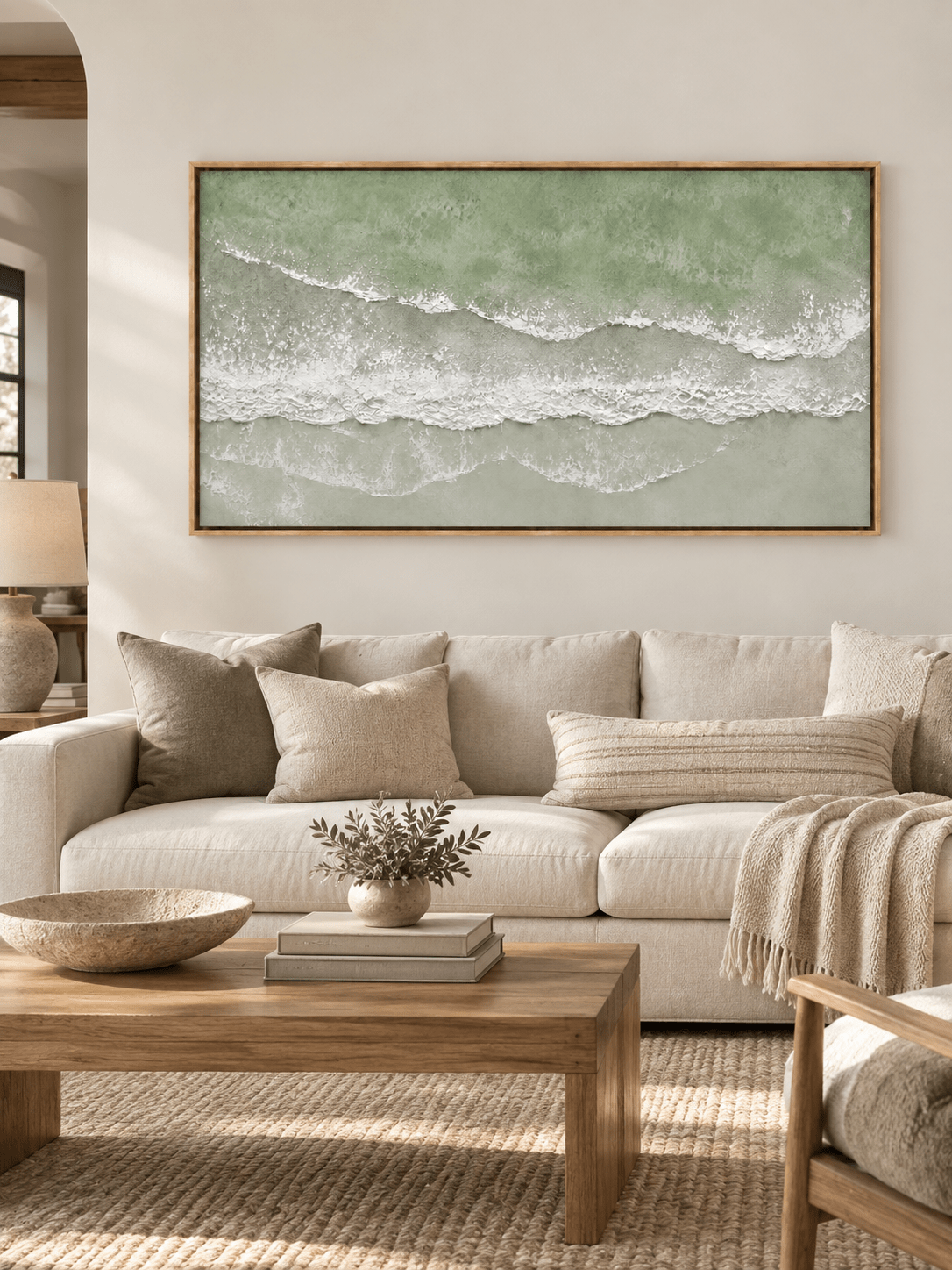 Large sage green ocean wave painting displayed above a cream sofa in a modern organic coastal living room