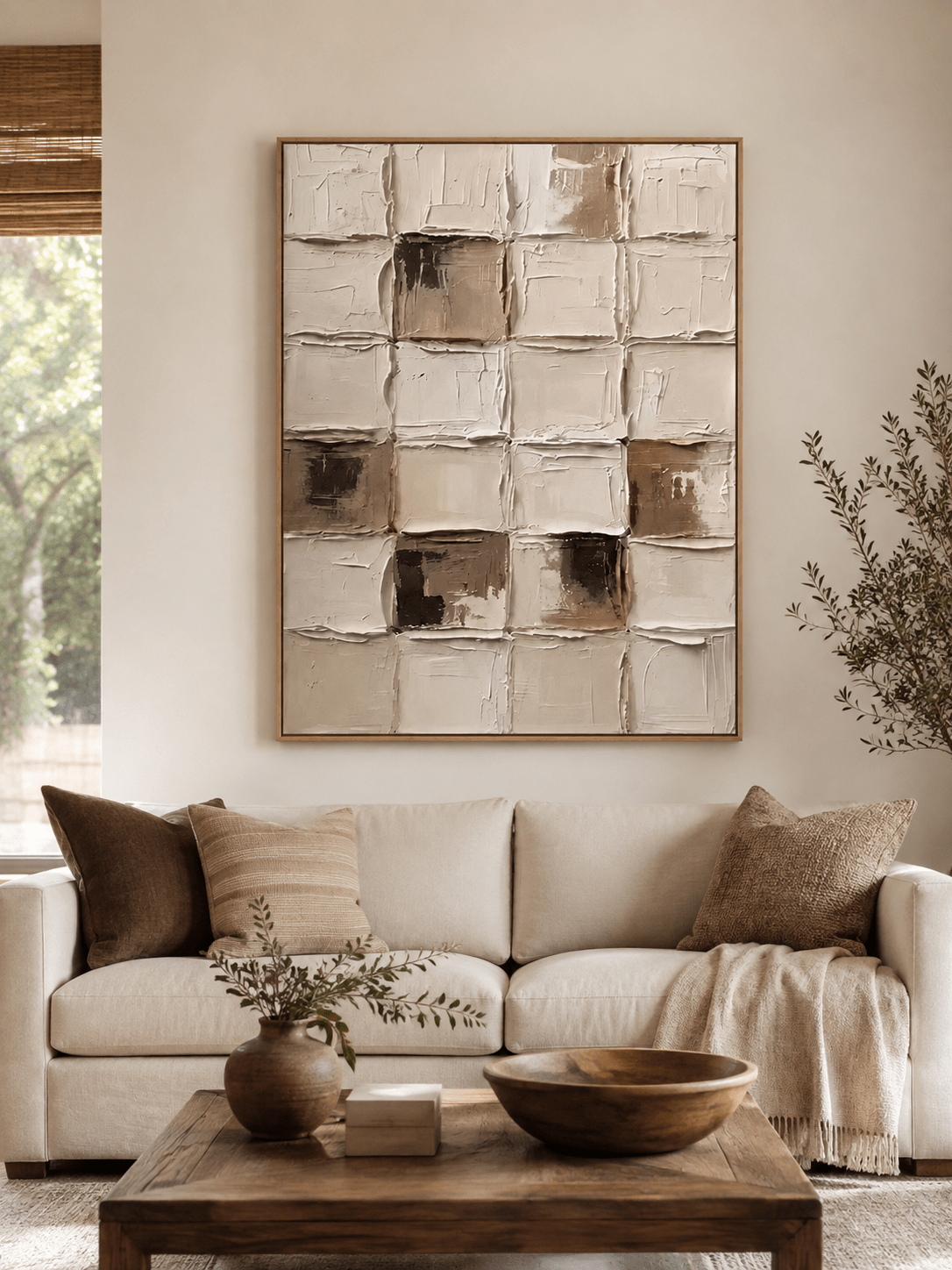 Large neutral textured geometric wall art displayed above a beige sofa in an organic modern living room