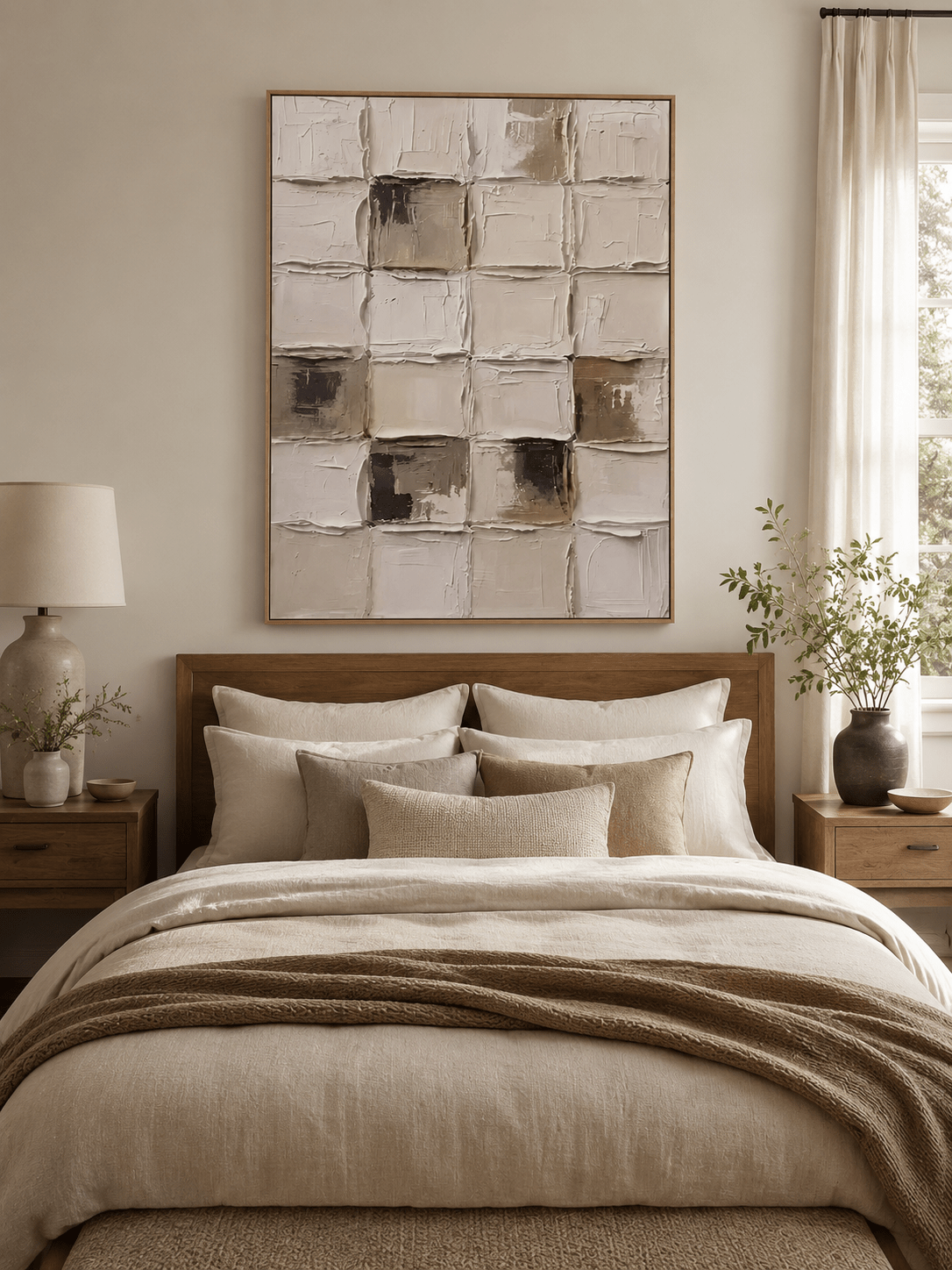 Cream and taupe wabi-sabi textured abstract painting displayed in a warm minimalist bedroom