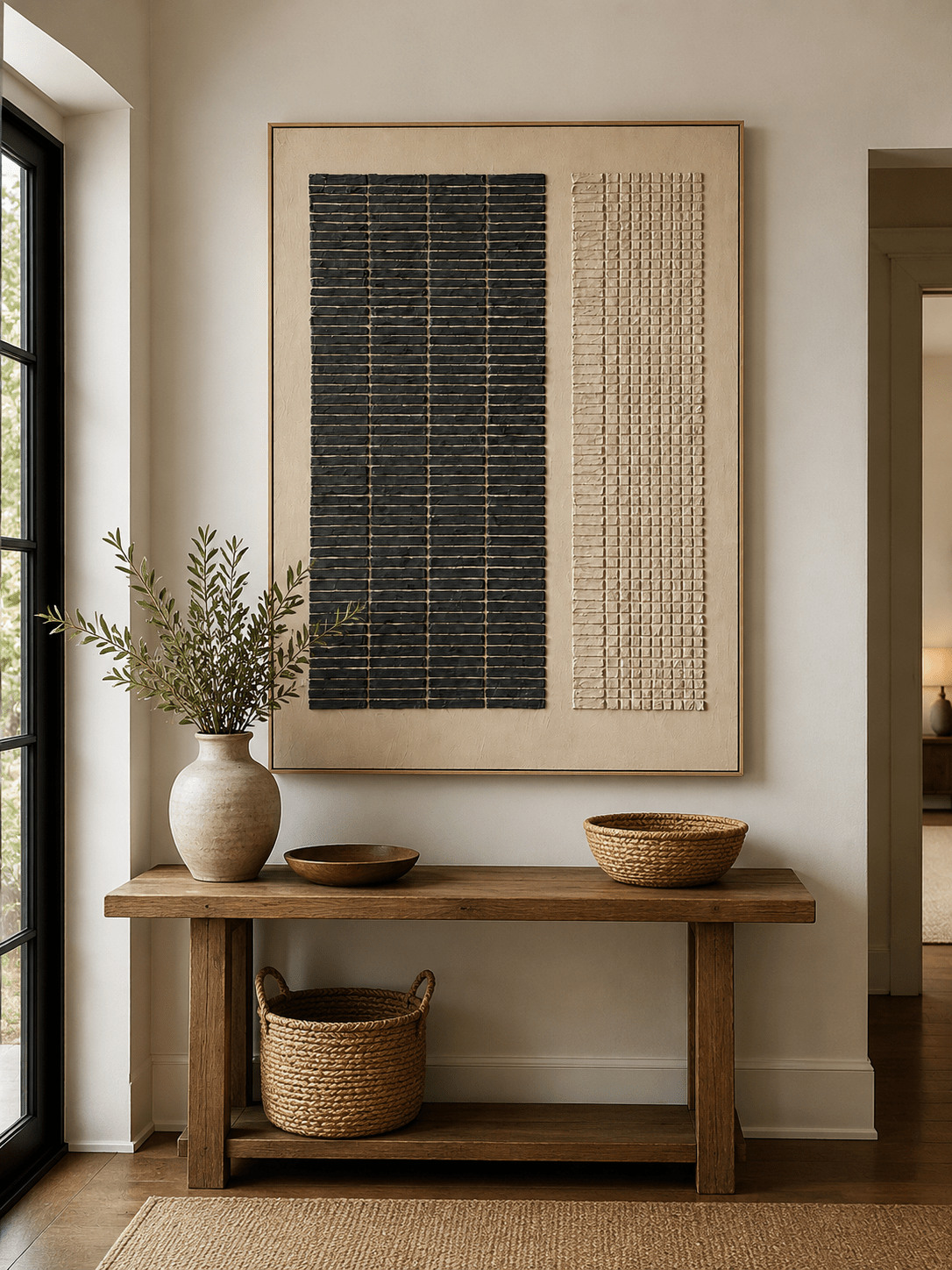 Vertical black and cream geometric wall art displayed above an entryway console in a minimalist Japandi interior