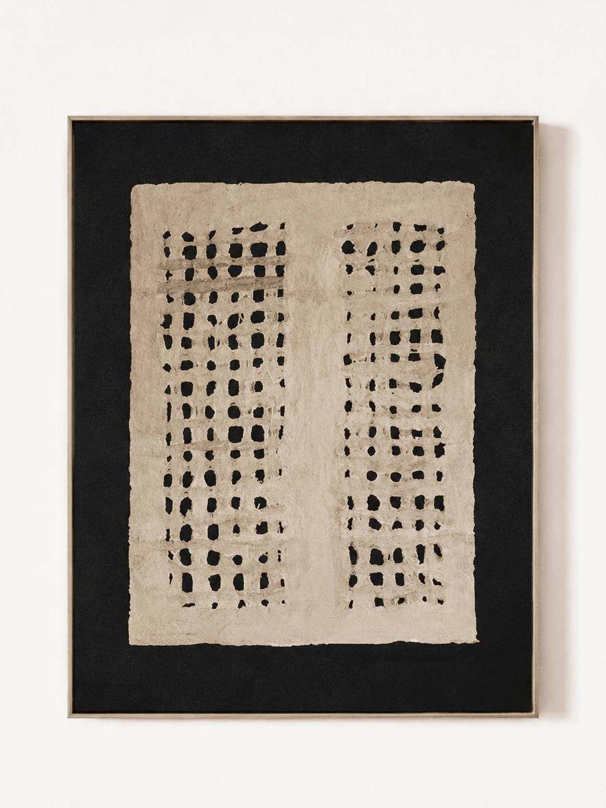 Hand-painted black and beige textured geometric wall art with sculptural ivory twin grid by Eliot Vermeer