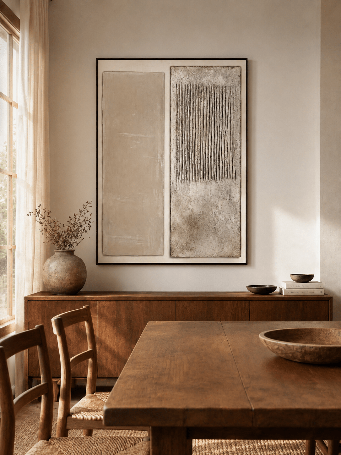 Minimalist neutral relief wall art displayed in an organic modern open dining room with natural wood furniture