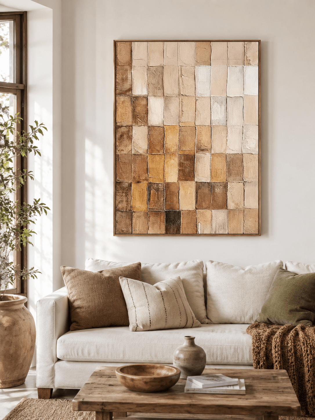 Large beige and brown textured geometric wall art displayed above a cream sofa in an organic modern living room