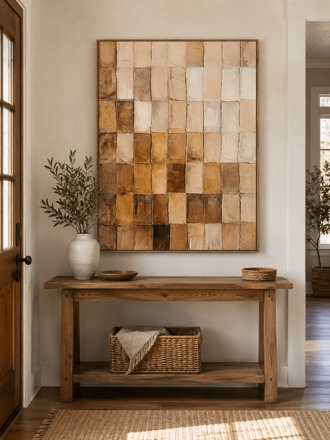 Vertical beige and brown geometric wall art displayed above an entryway console in a wabi-sabi interior