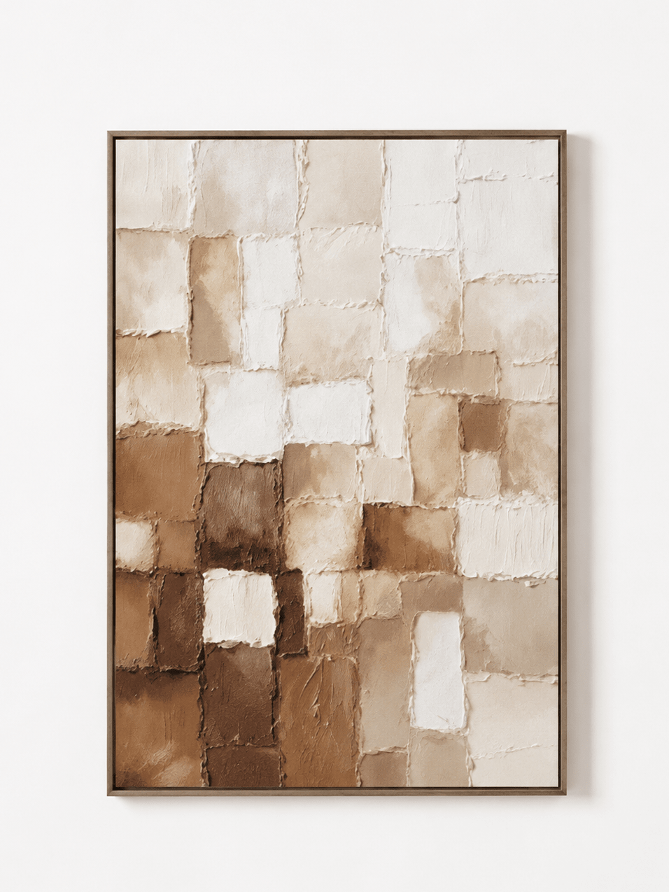 Hand-painted beige and brown textured geometric wall art with ivory earth-tone blocks by Eliot Vermeer on a white background