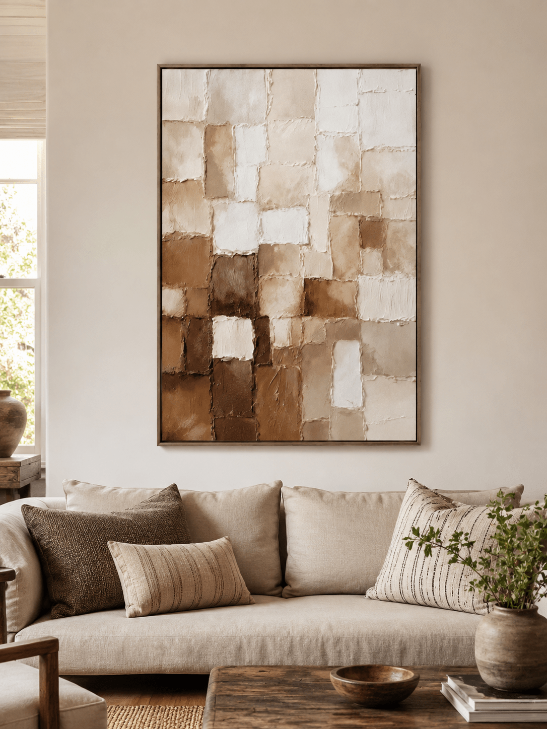 Large beige and brown textured wall art displayed above a cream sofa in an organic modern living room