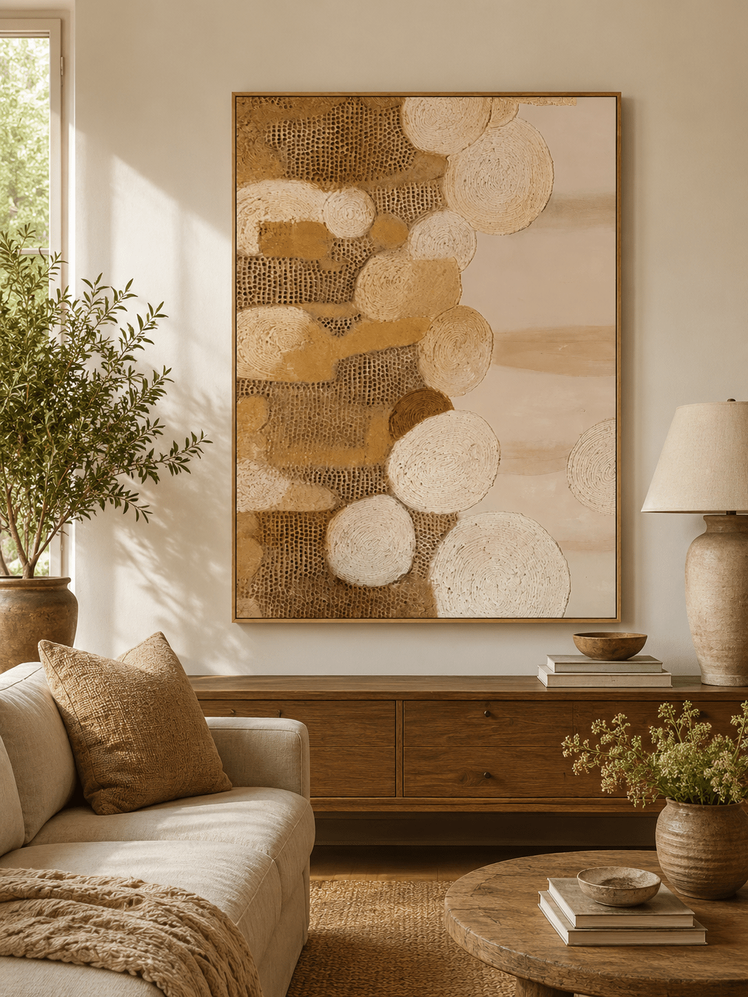 Large beige organic textured wall art displayed above a cream sofa in an organic modern living room
