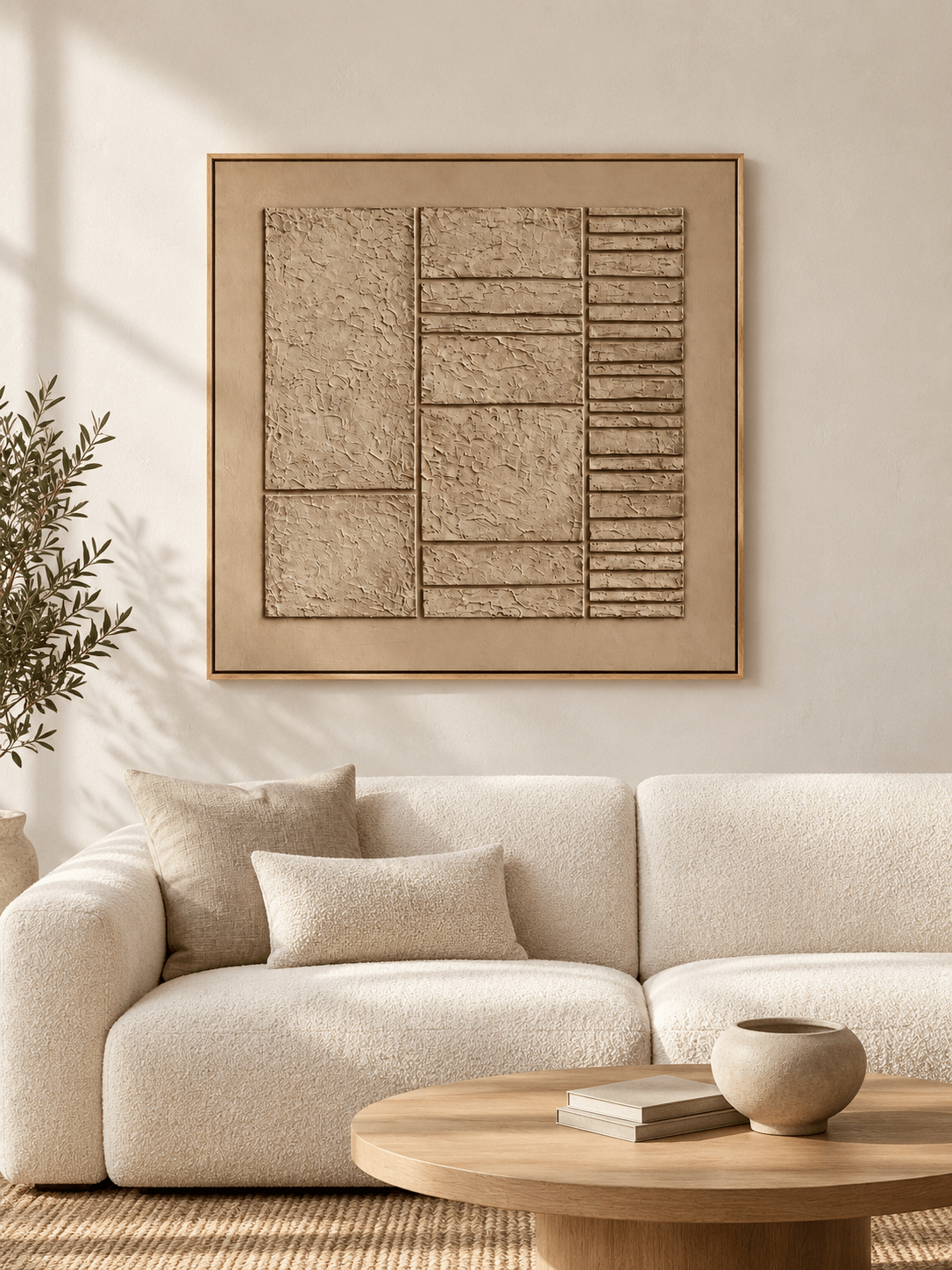Large beige textured geometric wall art displayed above a cream sofa in an organic modern living room