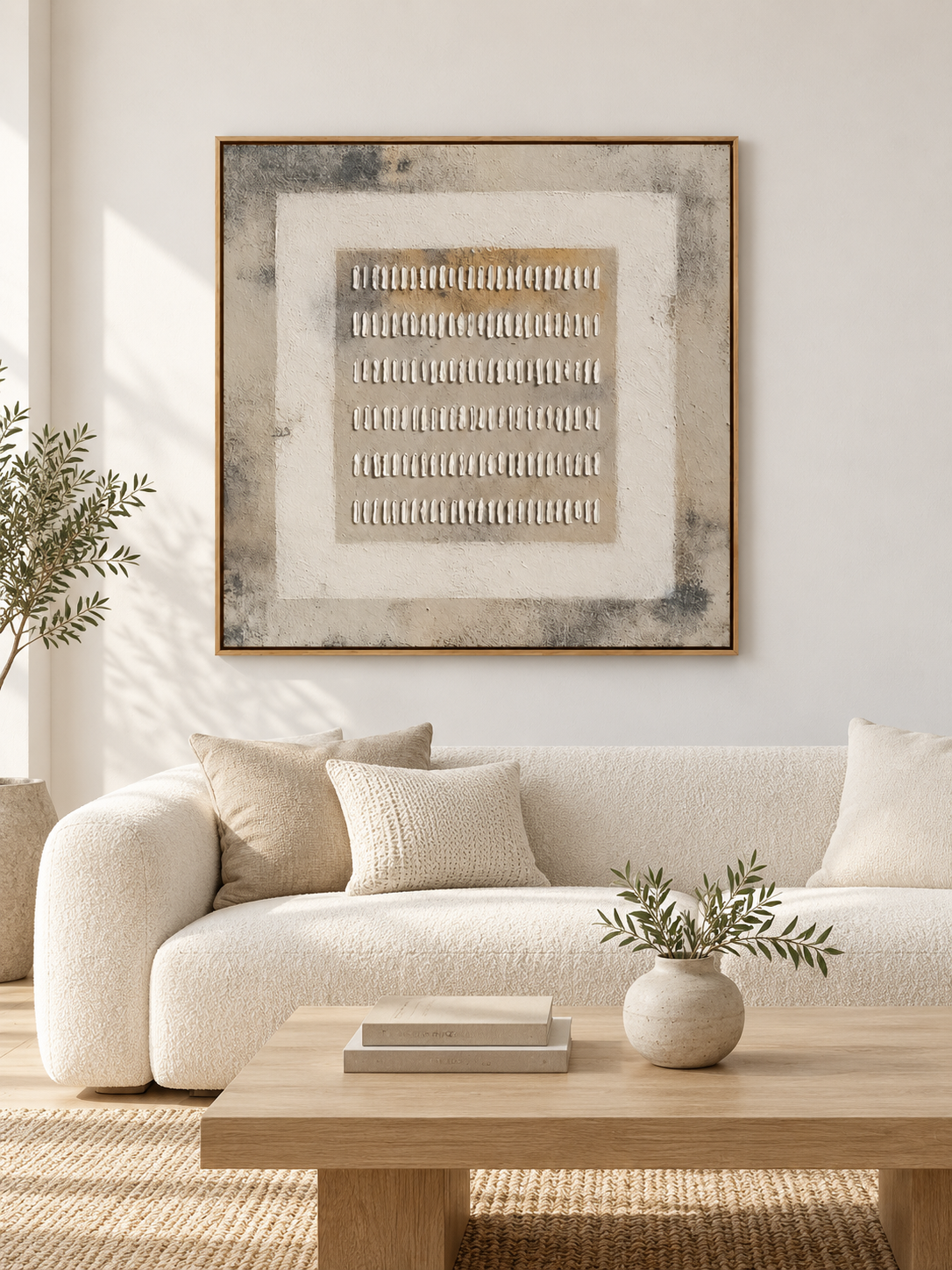 Large neutral textured geometric wall art displayed above a beige sofa in an organic modern living room