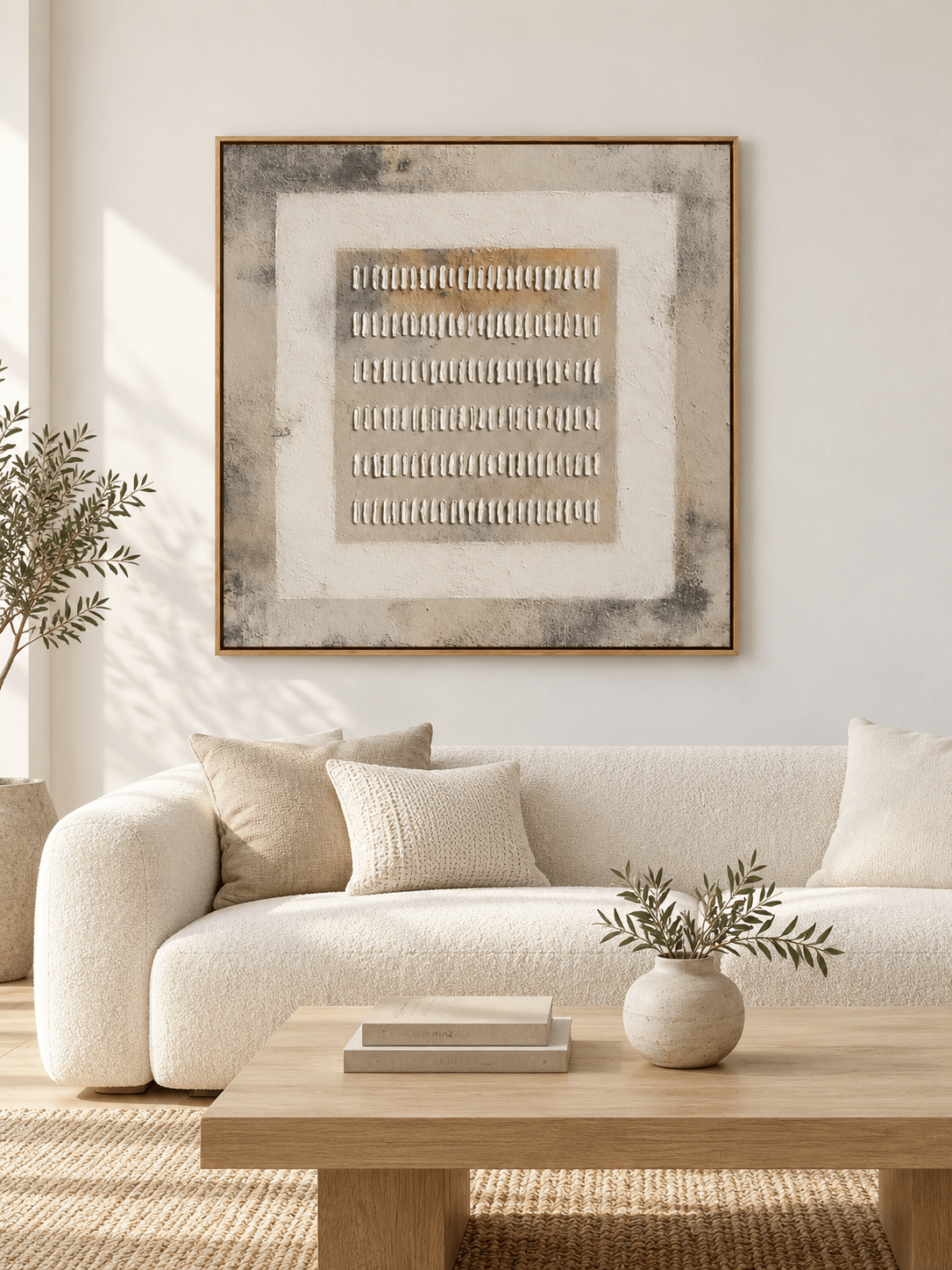 Large neutral textured geometric wall art displayed above a beige sofa in an organic modern living room
