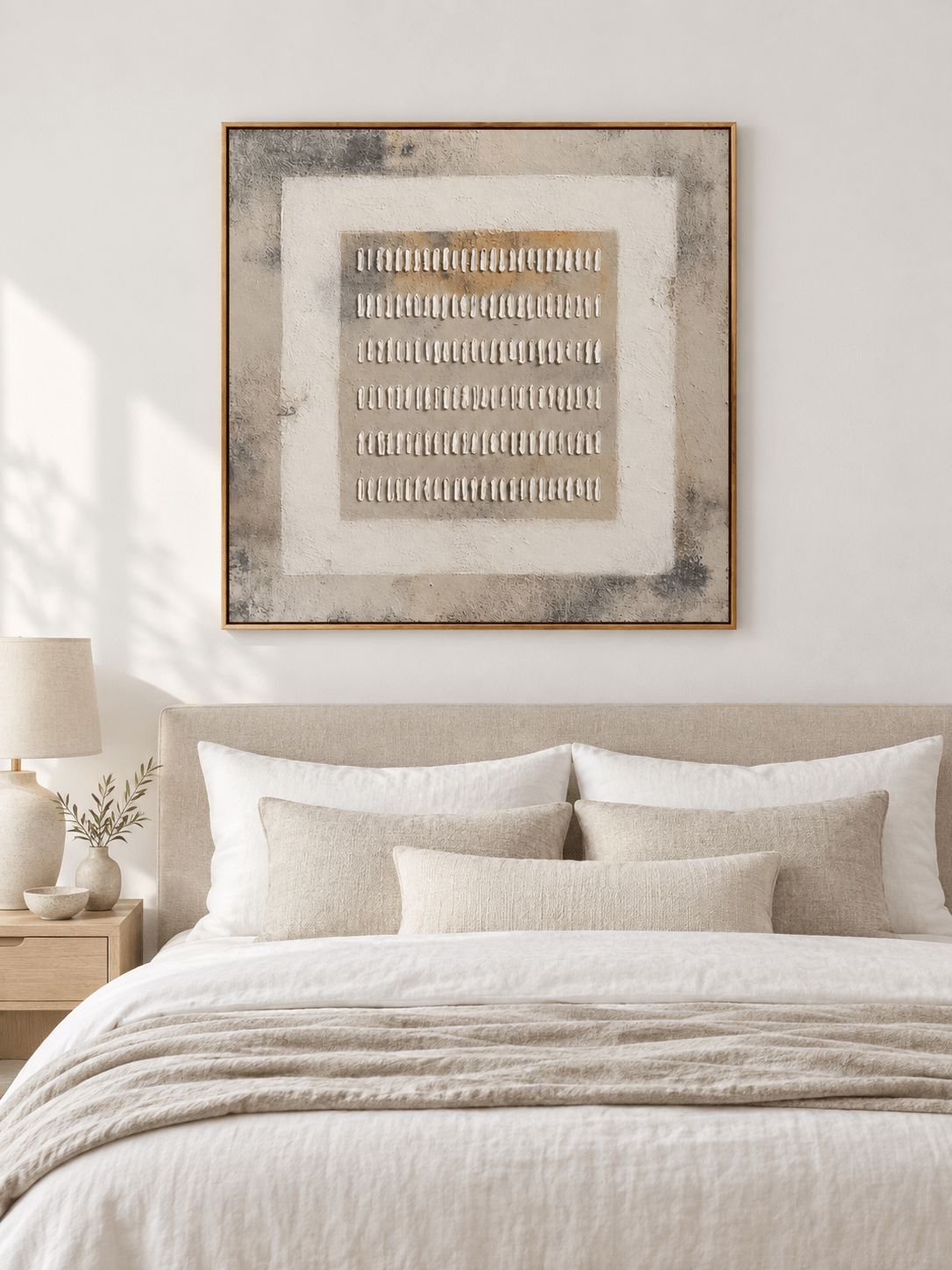 Ivory taupe and gray wabi-sabi textured painting displayed above the bed in a warm minimalist bedroom
