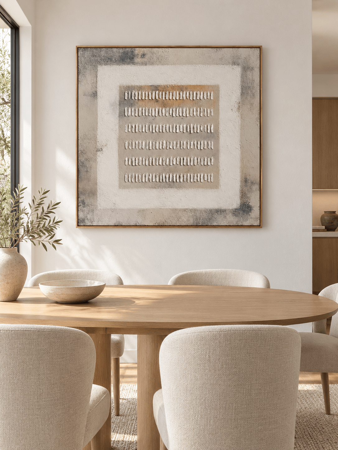 Large neutral geometric relief wall art displayed in an organic modern open dining room with wood and stone furniture