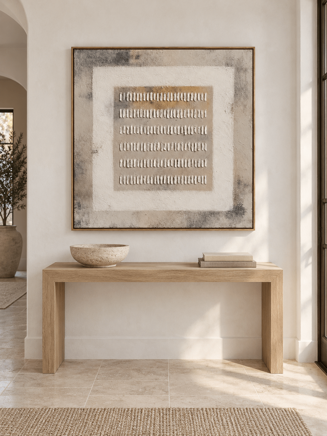 Square beige and gray textured wall art displayed above an entryway console in a Japandi interior