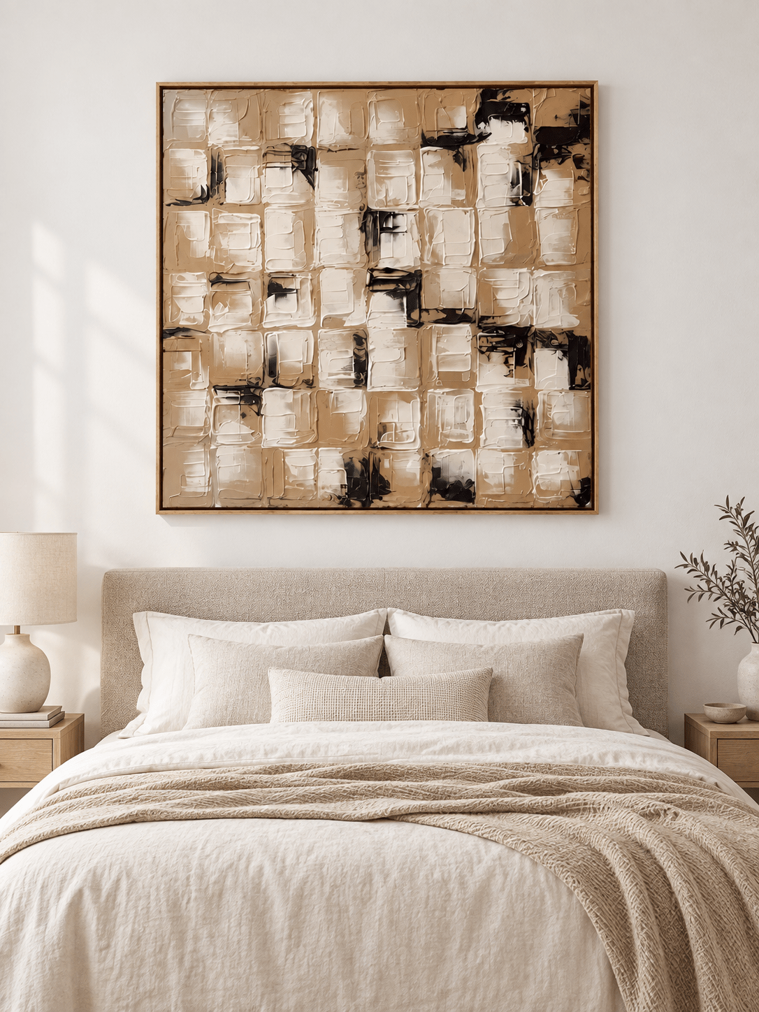 Warm beige caramel and black textured abstract painting displayed above the bed in a neutral modern bedroom