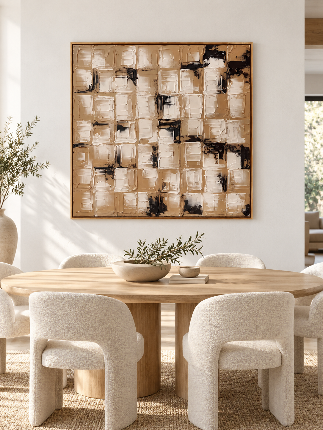 Large neutral geometric impasto wall art displayed in an organic modern open dining room with walnut furniture