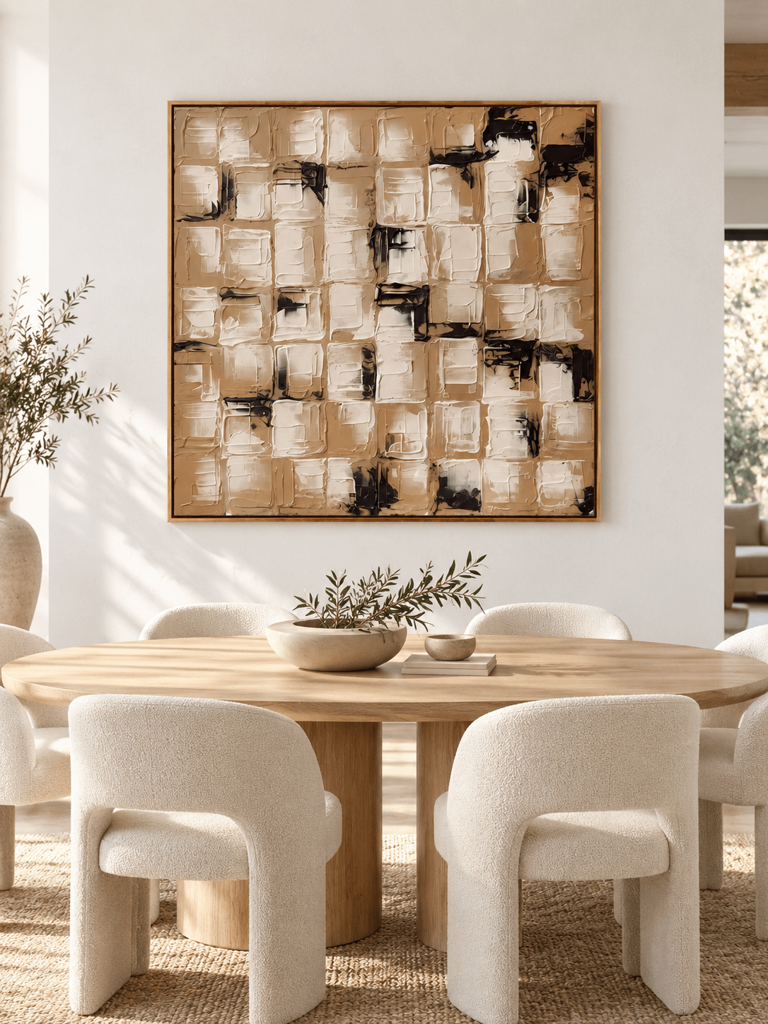 Large neutral geometric impasto wall art displayed in an organic modern open dining room with walnut furniture