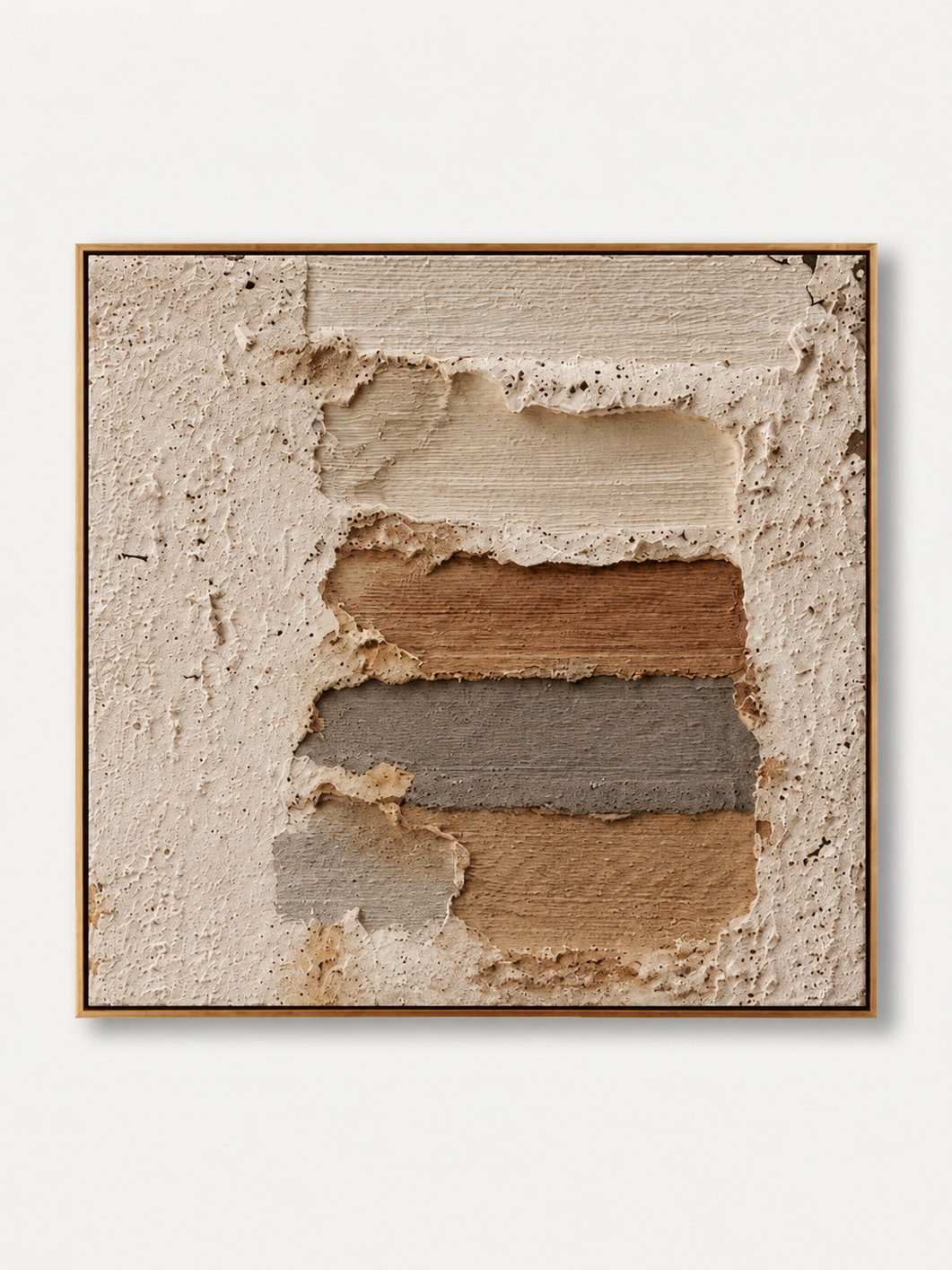 Hand-painted neutral textured wall art with ivory plaster relief and layered beige brown and gray earth tones by Eliot Vermeer