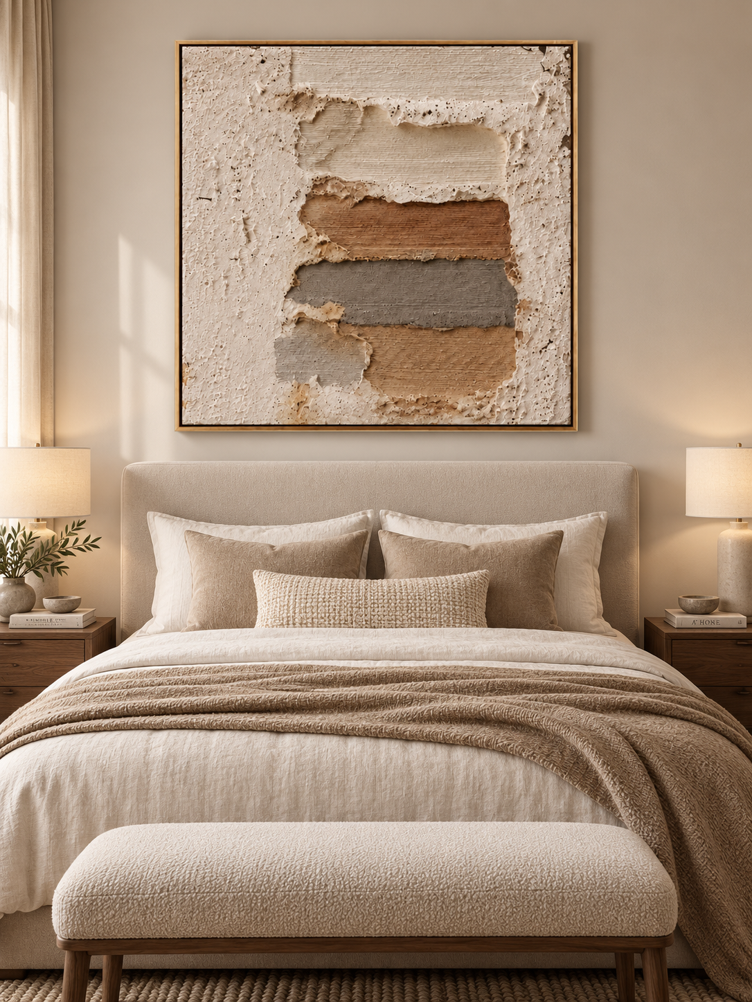 Ivory beige and rust brown wabi-sabi textured painting displayed above the bed in a warm neutral bedroom
