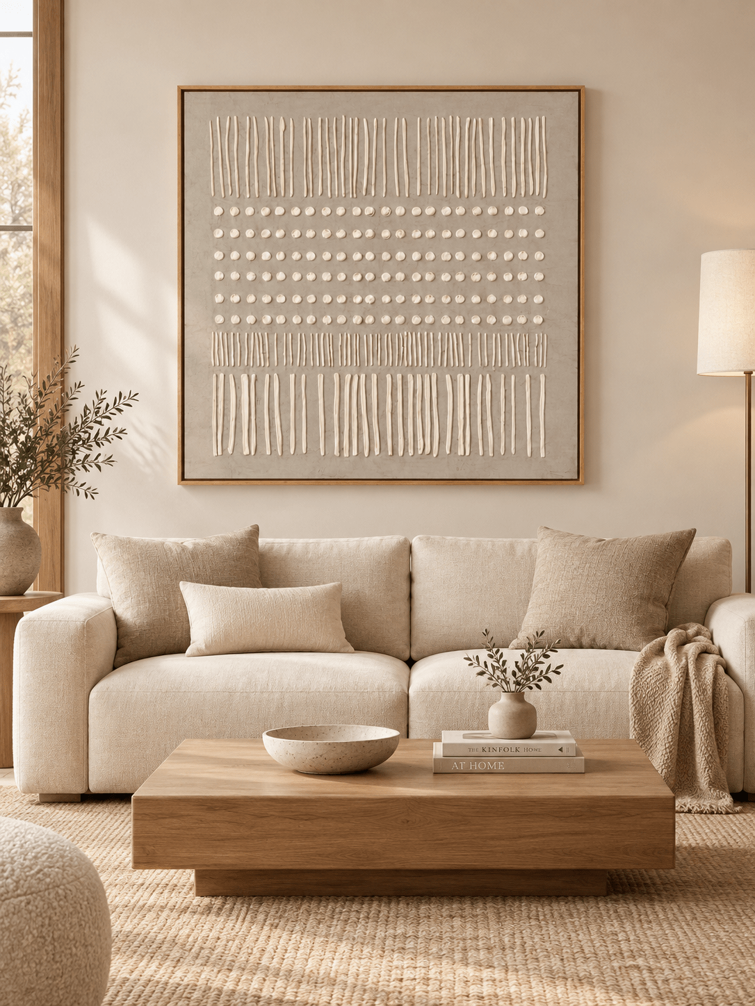 Large beige textured geometric wall art displayed above a cream sofa in an organic modern living room
